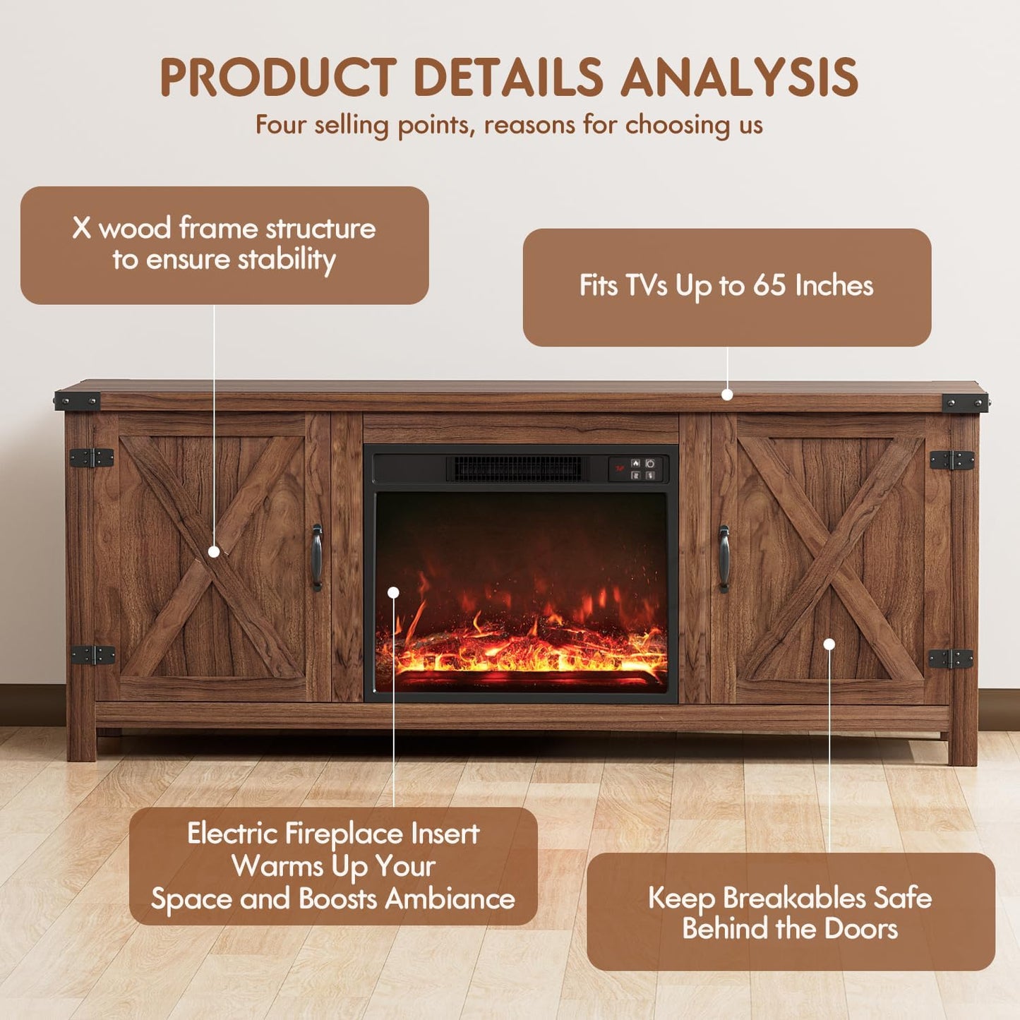 YESHOMY Fireplace TV Stand with Two Barn Doors and Storage Cabinets for Televisions up to 65+ Inch, Entertainment Center Console Table, Media Furniture for Living Room, 58 Inch, Walnut