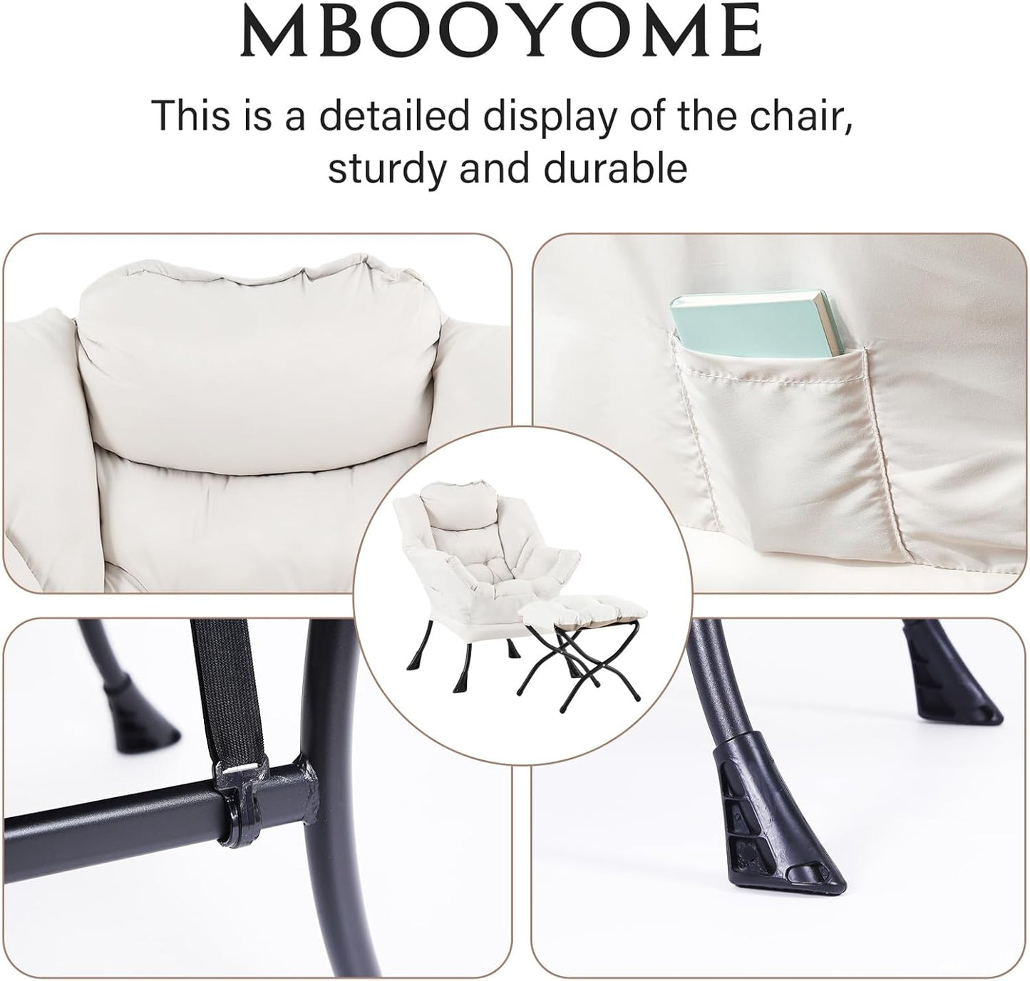 Lazy Chair with Folding Ottoman, Modern Accent Lounge Armchair with Armrests and a Side Pocket & Foldable Footstool, Leisure Reading Chair for Living Room, Bedroom, Dorm & Office, Beige