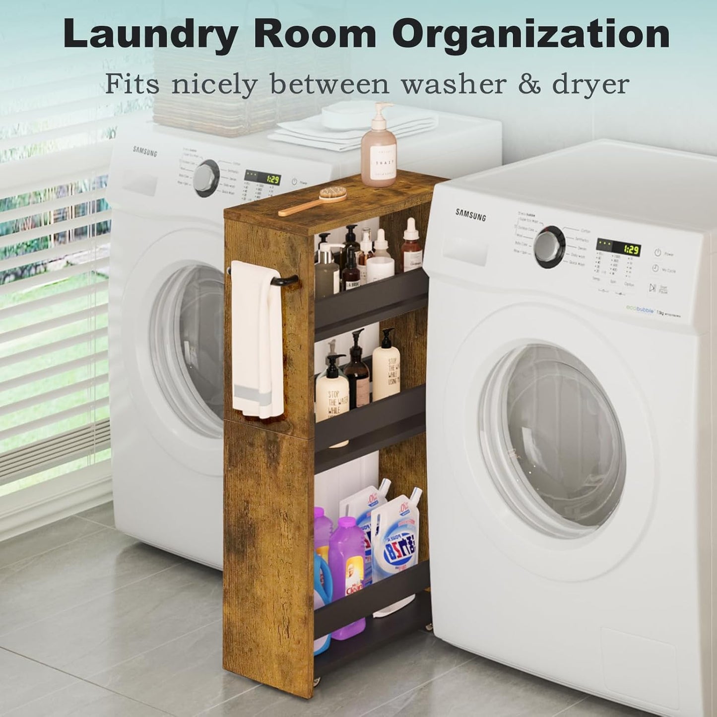 MARTY Rolling Storage Cart 7.9" W, 4-Tier Narrow Kitchen Cart with Wheels Handle, Slim Storage Mobile Shelving Utility Carts for Bathroom Laundry Room Organization Small Spaces(Rustic Brown)