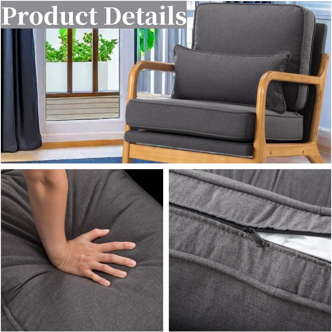 Armchair Upholstered Lounge Chair, Mid-Century Modern Accent Chair with Cushion, Lounge Chair Indoor Reading Chair with Wood Arms, Accent Chair for Living Room, Bedroom Office, Dark Gray