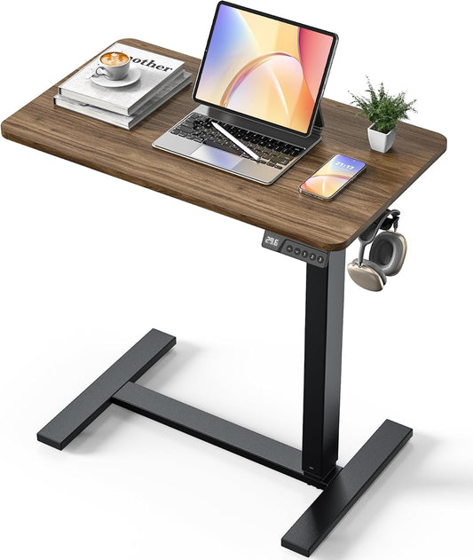 Electric Adjustable Height Standing Desk - Small Sit Stand Portable Rolling Laptop Table with Hidden Wheels, Small Computer Workstation for Bedside & Home Office Use (28"x16",Dark Walnut)