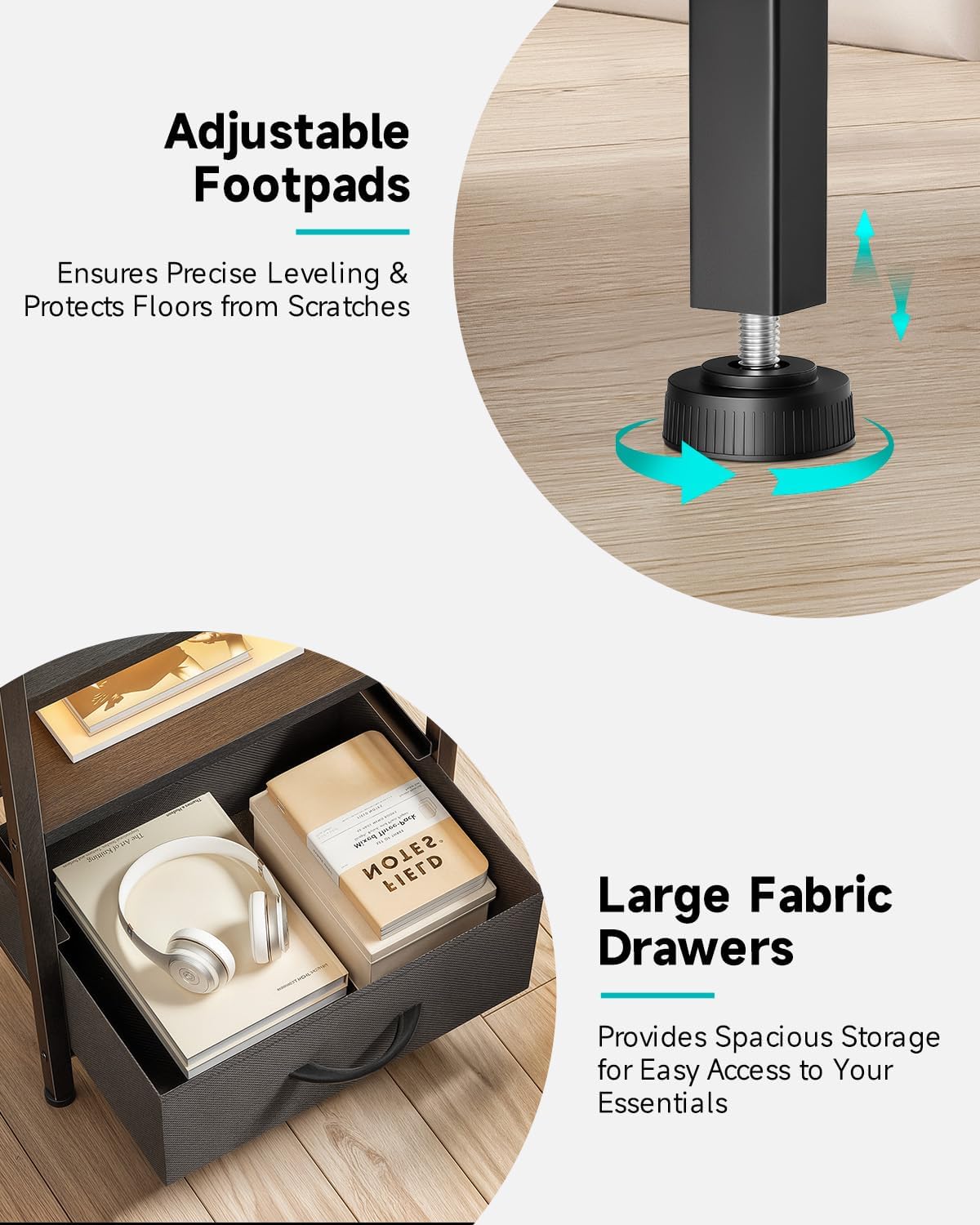 Night Stand Bedside Charger Bedroom - Nightstand with Charging Station & LED Light Strip, Night Stand with Storage Shelf & 2 Fabric Drawers, Morden End Table with U-S-B Ports & AC Outlets