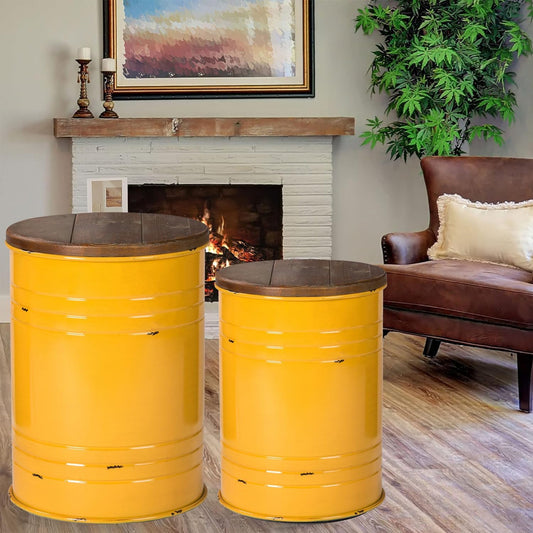 Glitzhome Farmhouse Accent Side Table, Metal Storage Stool Ottoman with Round Lid - Galvanized Coffee Cocktail End Tables Set of 2 for Living Room Bedroom, Yellow