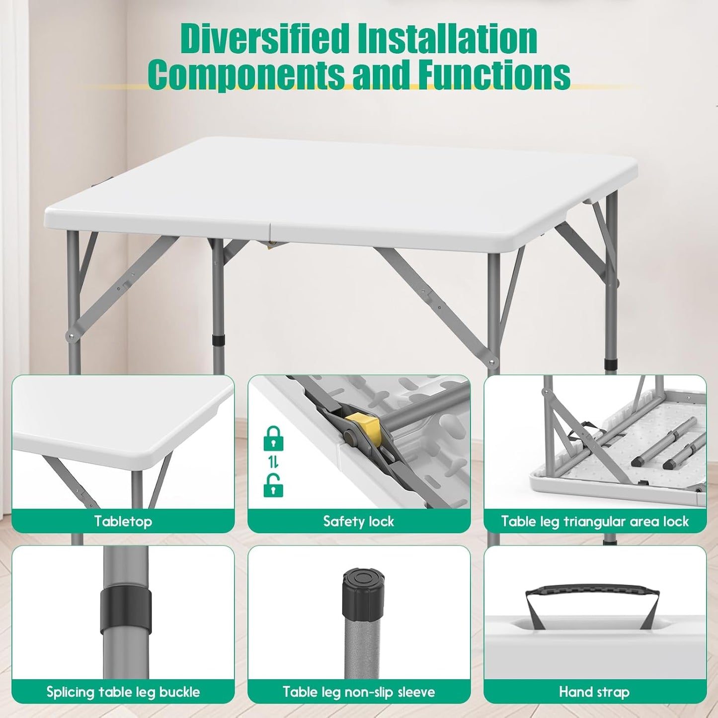 HLPB 34'' Square Folding Card Table, Fold-in-Half Portable Dining Table with Handle and Safety Lock, Foldable Plastic Dining Table Indoor Outdoor for Camping, Picnic and Party Event, White