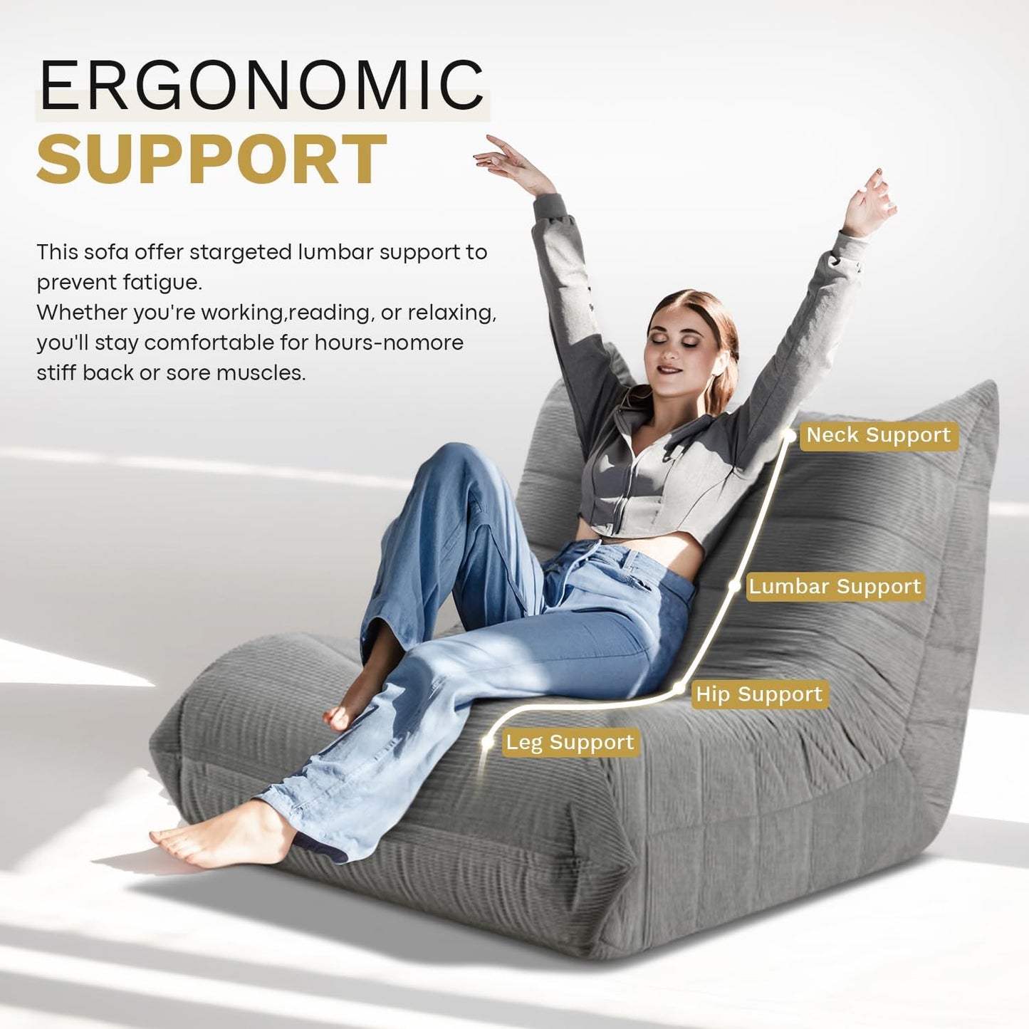 Bean Bag Chairs for Adults, Memory Foam Couch Sofa Chair,One-Piece Foam Padding,Cozy Corduroy Material Bean Bag Chair,Bean Bag Sofa for Reading in Bedroom Living Room and Dorms，Gray