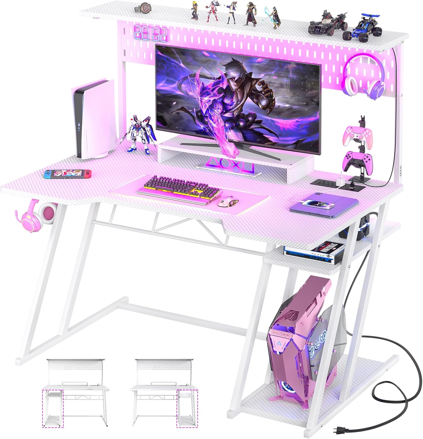 Armocity Gaming Computer Desk with Power Outlets, Gaming Desk with Hutch and LED Lights, Reversible PC Gaming Desk with Pegboard, Carbon Fiber White, 47"