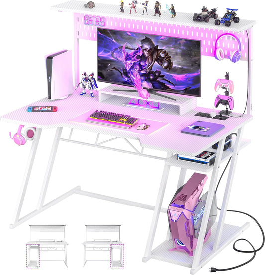 Armocity Gaming Computer Desk with Power Outlets, Gaming Desk with Hutch and LED Lights, Reversible PC Gaming Desk with Pegboard, Carbon Fiber White, 47"