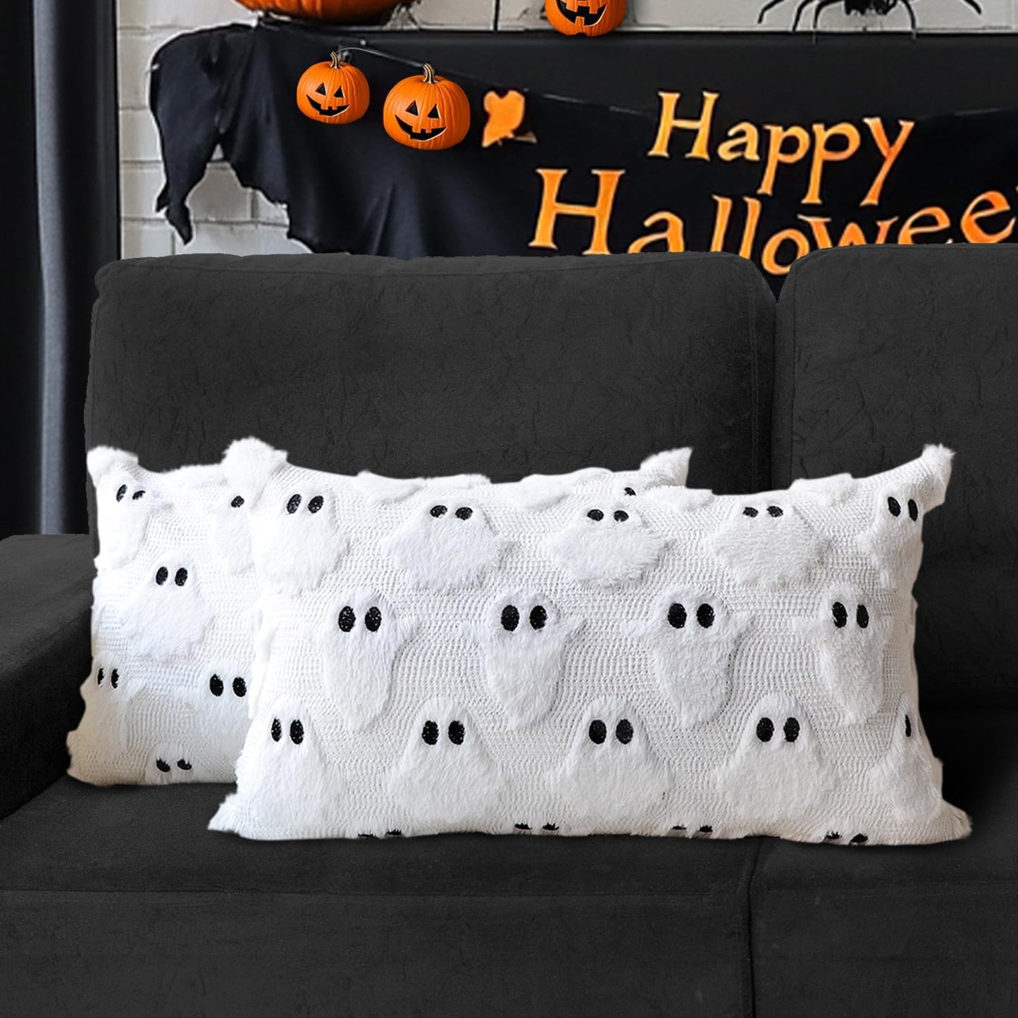 4TH Emotion Halloween Ghost Decorative Lumbar Pillow Covers 12x20 Set of 2, White Soft Plush Faux Fur Farmhouse Throw Cushion Cases for Fall Autumn Holiday Home Decorations