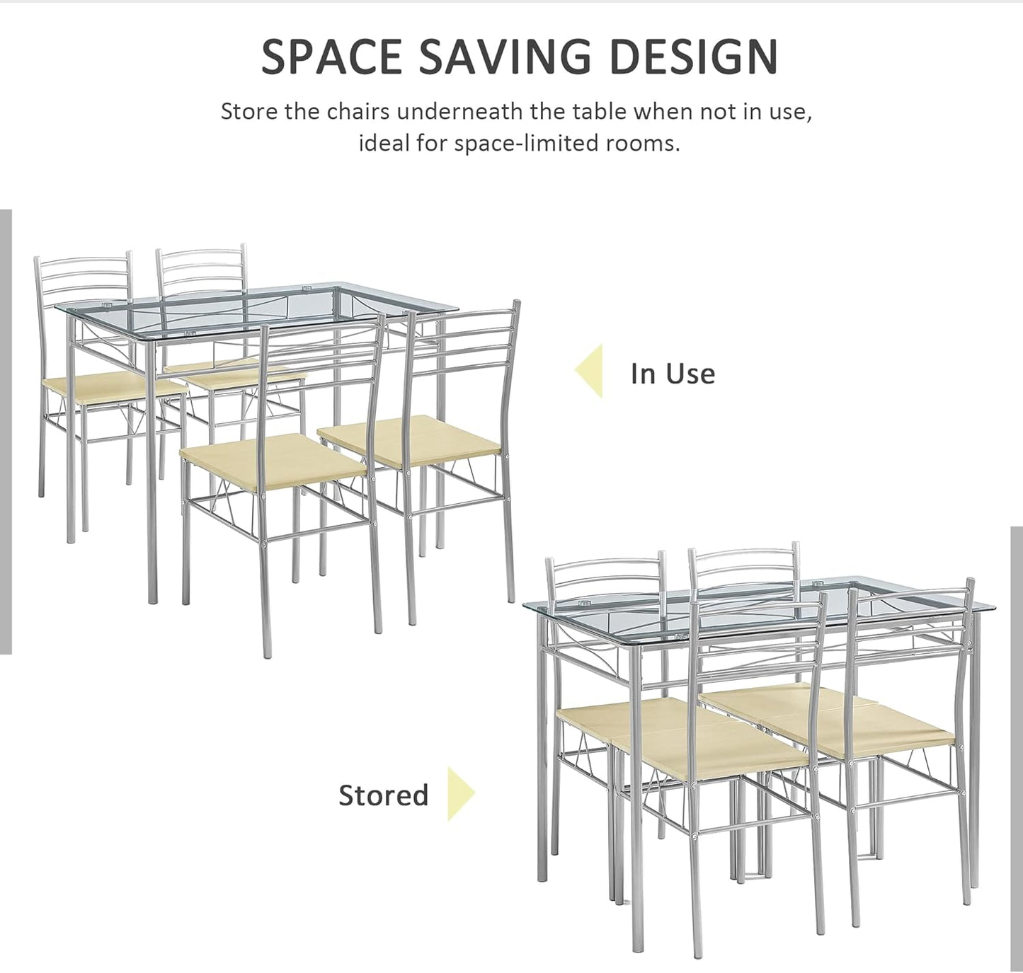 VECELO Kitchen Dining Room Table and Chairs 4, 5-Piece Dinette Sets, Space Saving (Silver)