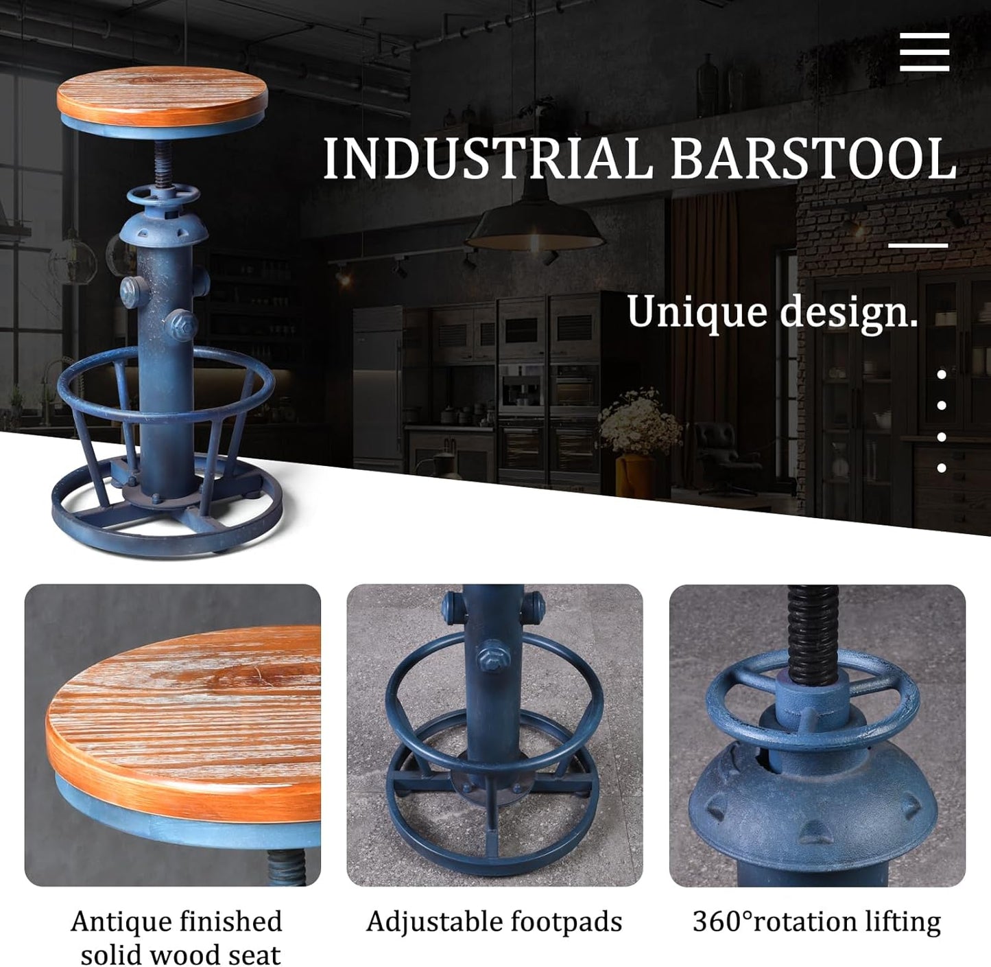 Topower Aged Steampunk Deco Industrial Round Bottom Adjustable Height Cafe Coffee Retro Vintage Fire Hydrant Design Pub Kitchen Counter Bar Stool (Antique Blue, Wooden Top)