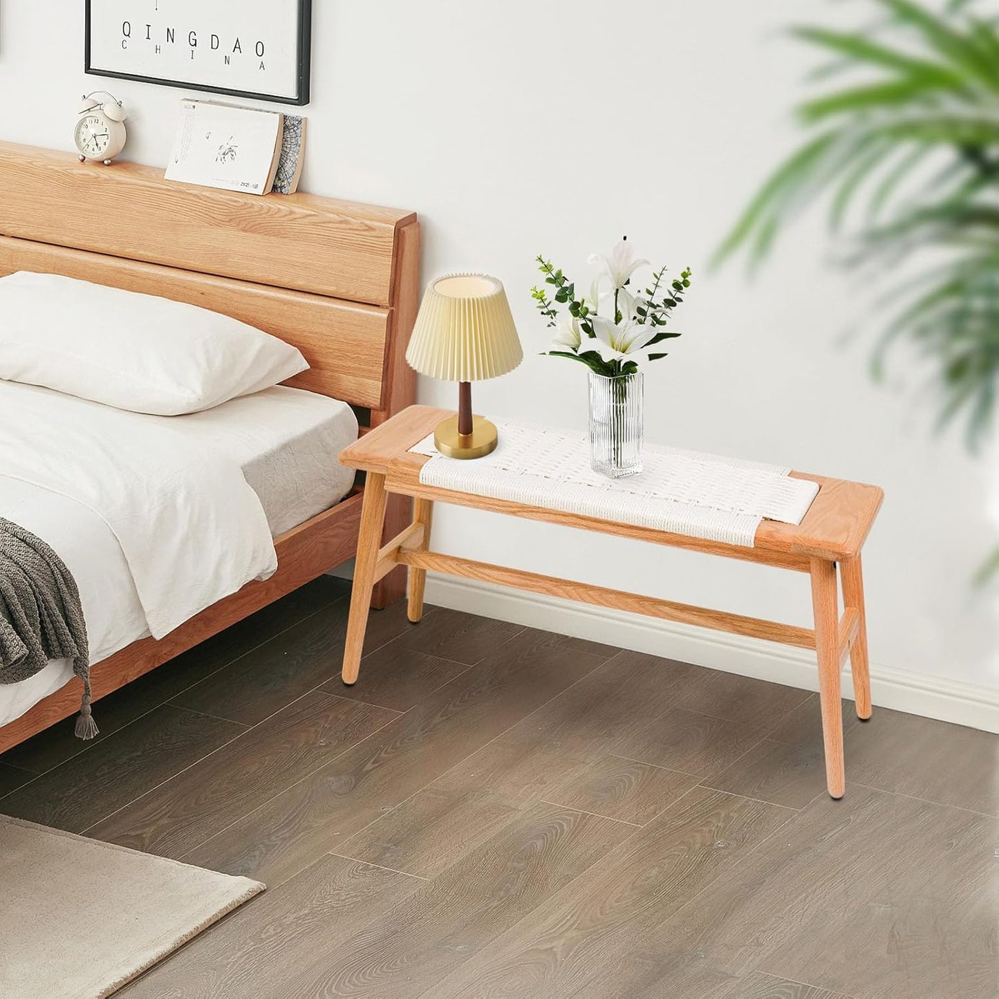 Solid Wood Entryway Bench, Wooden Dining Benches for 2, End of Bed Bench w/Hand-Woven Rope for Bedroom Kitchen Dining Room Living Room Entry Décor (White Rope, 31.49" L)