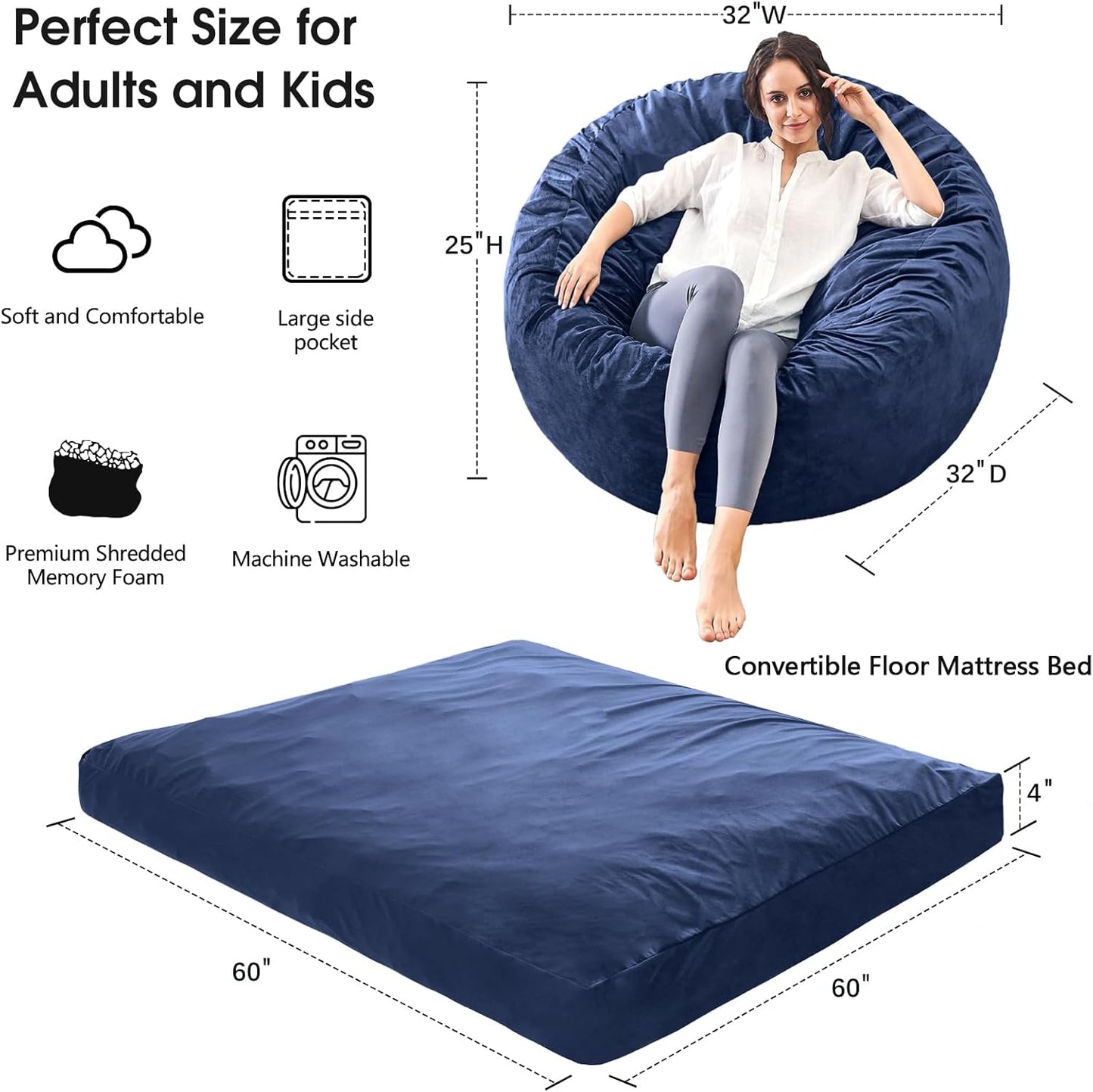 Bean Bag Chairs for Teens - Bean Bag Chair Convertible Bean Bag Bed - Small Beanbag Chair with Micro Fiber Cover/Furniture Foam Filler - Floor Couch Sofa in Bedroom Dorm Room - Youth Navy Blue