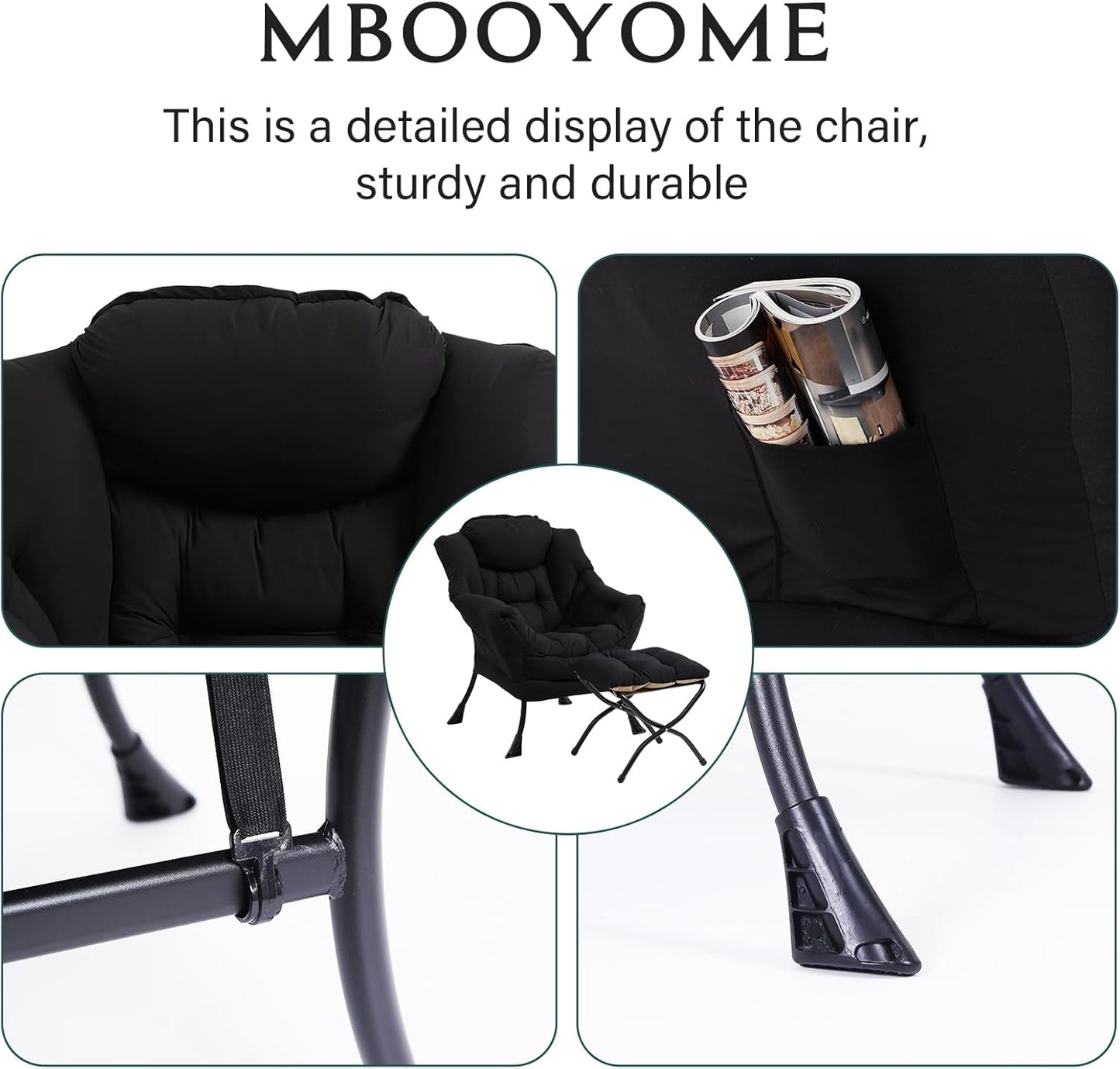 Lazy Chair with Folding Ottoman, Modern Accent Lounge Armchair with Armrests and a Side Pocket & Foldable Footstool, Leisure Reading Chair for Living Room, Bedroom, Dorm & Office, Black