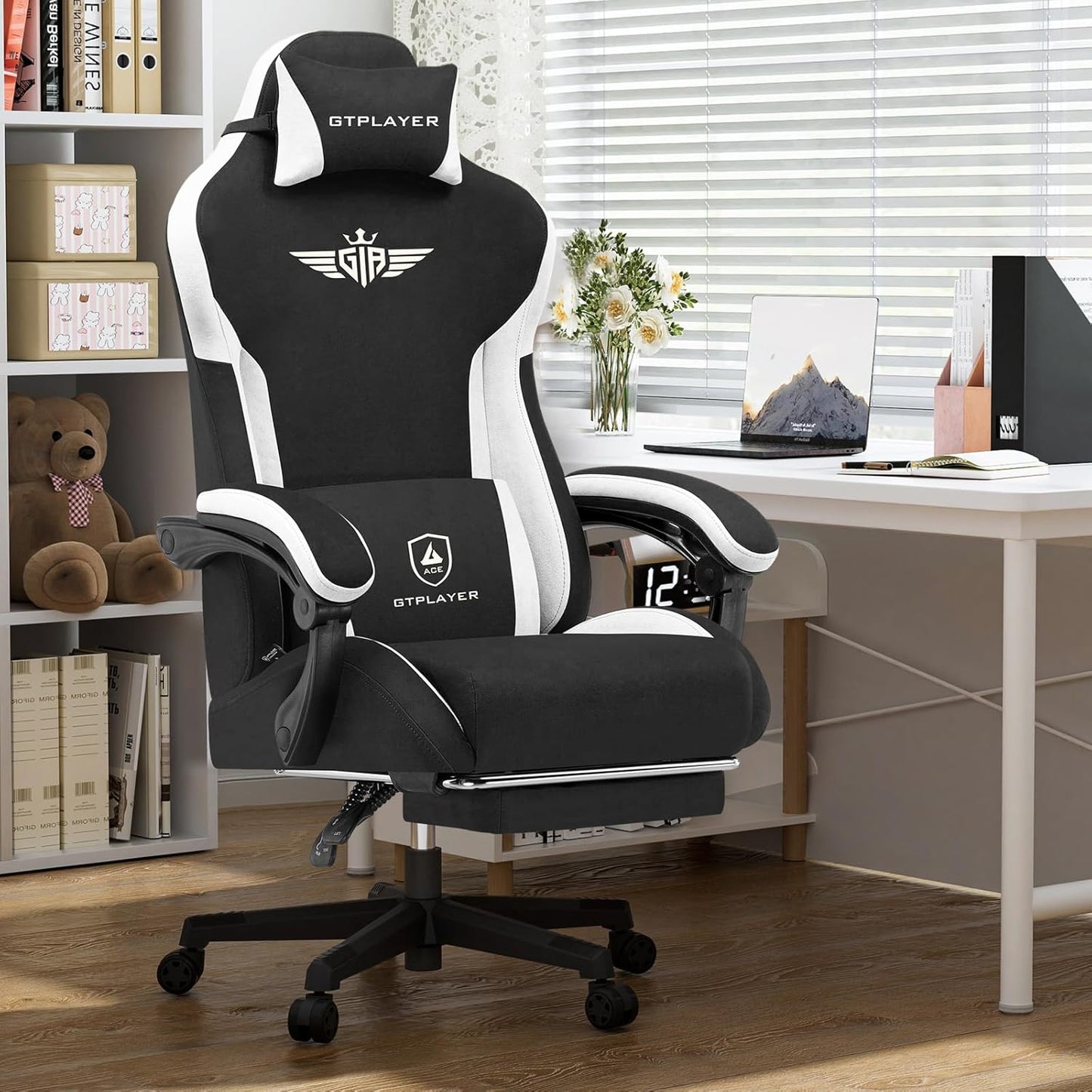 GTPLAYER Gaming Chair Fabric with Footrest, Big and Tall Game Chair High Back Computer Office Chair with Lumbar Support for Adults, Ergonomic Swivel Games Chair with Cushion Gaming Black