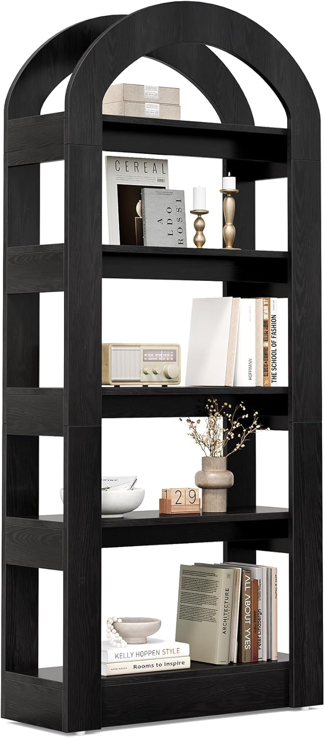 LITTLE TREE 5-Tier Bookshelf, Arch-Shaped Racks, Tall Standing Wooden Bookcase Display Shelf Modern Storage Solution (1, Black)