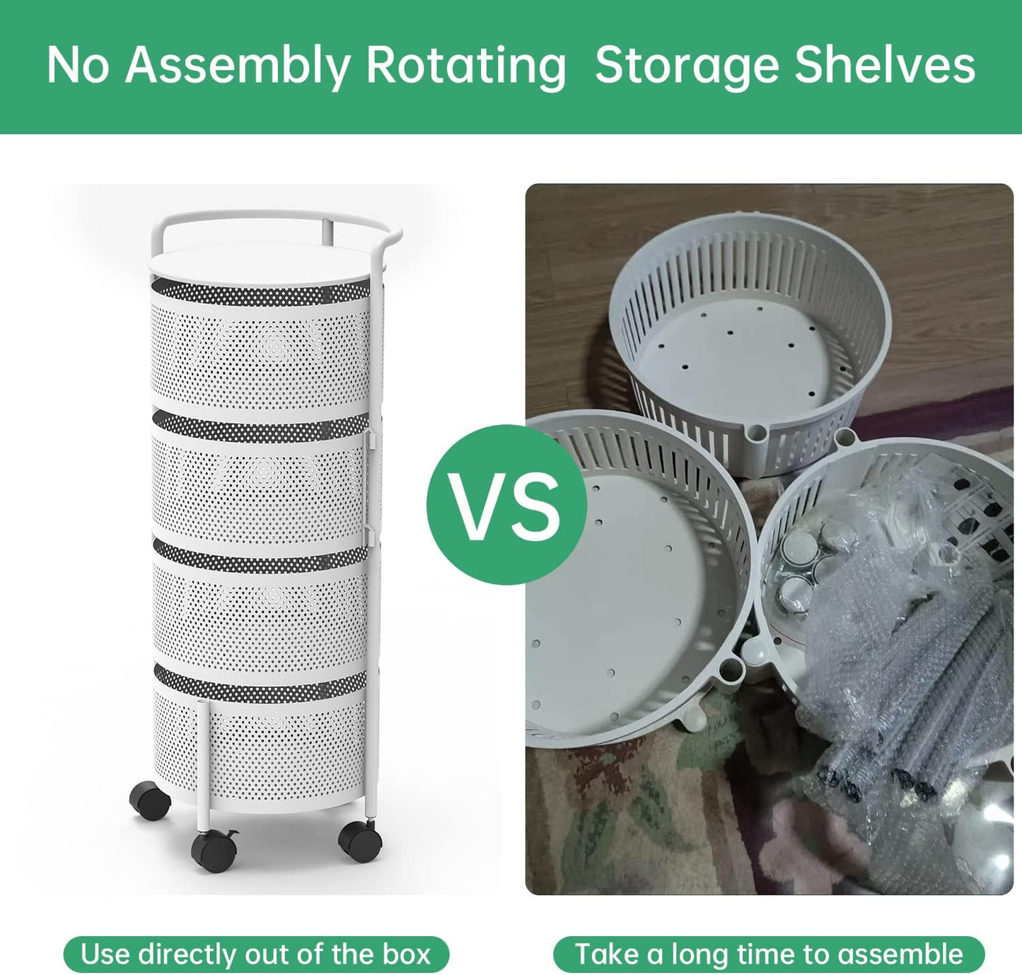 JAQ Rotating Storage Shelves Rack for Kitchen, 4-Tier Multi Layer Removable Basket Shelf Organizer on Rolling Wheels for Fruit Vegetable Grocery Corns Potato Onion (4-Tier, White)