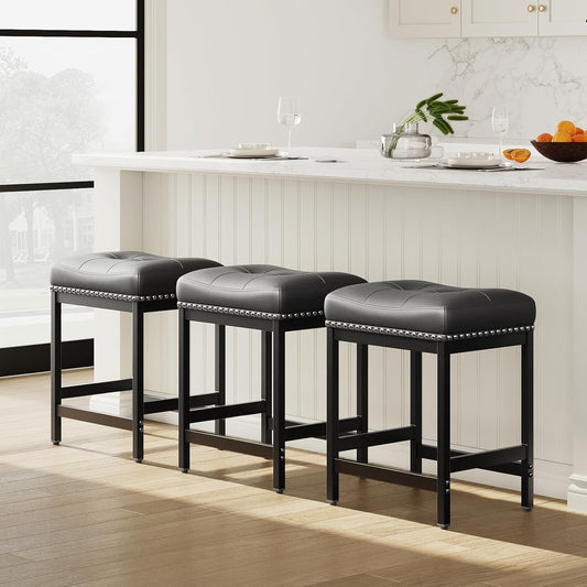 MALOL Set of 3 Saddle Bar Stools Counter Height 24.4”, Black Backless Barstools for Kitchen Island, Modern PU Leather Cushioned Seat, Bar Chairs for Kitchen Counter, Breakfast Bar Stools for Home