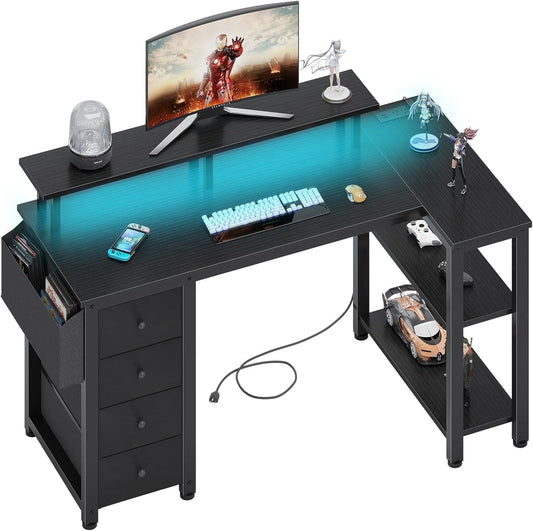 Lufeiya Black L Shaped Desk with Led Lights and Power Outlets, 47 Inch Writing Study Computer Gaming Desks with Fabric Drawers for Bedroom, Home Office Corner Desk with Monitor Stand Shelves, Black