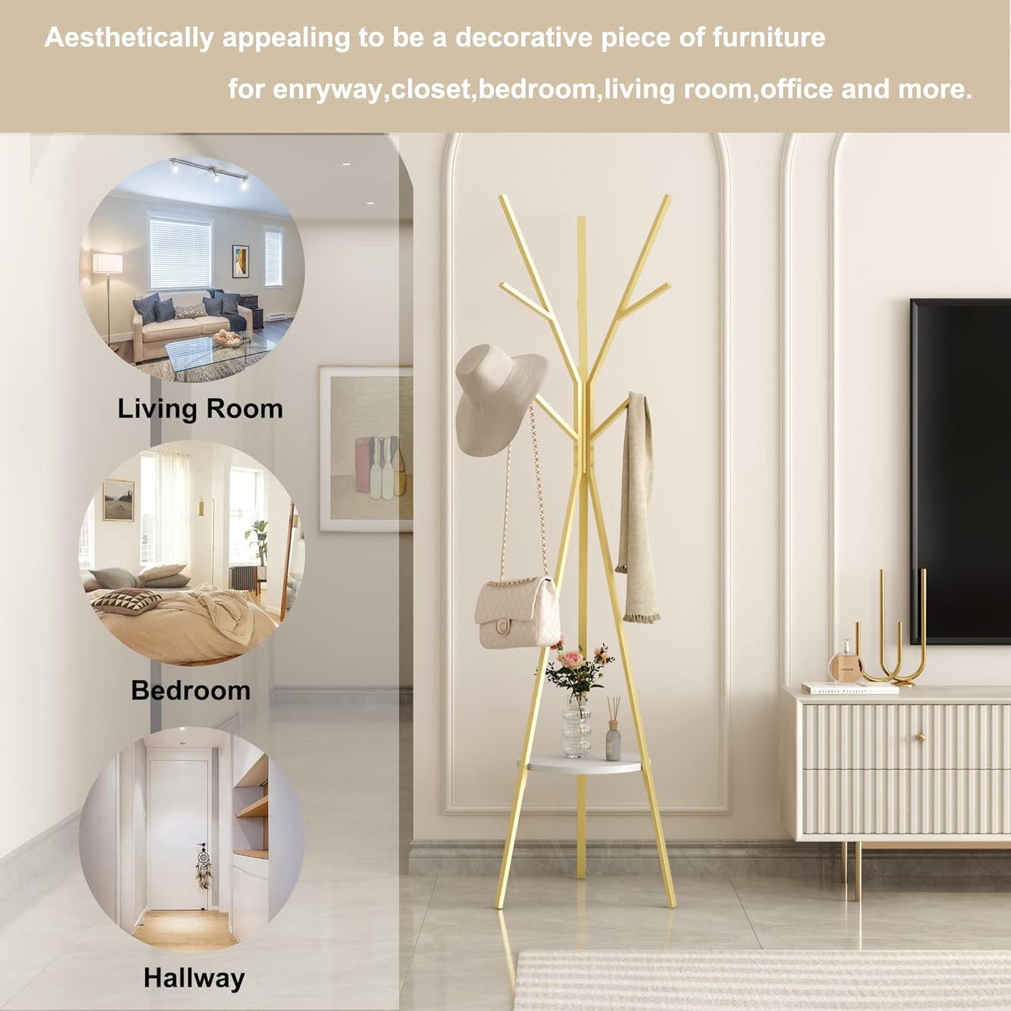 Coat Rack Hat Stand Free Standing Display Hall Tree Metal Hat Hanger Garment Storage Holder with 9 Hooks for Clothes Hats and Scarves in Gold,17.72"Wx17.72"Dx70.87"