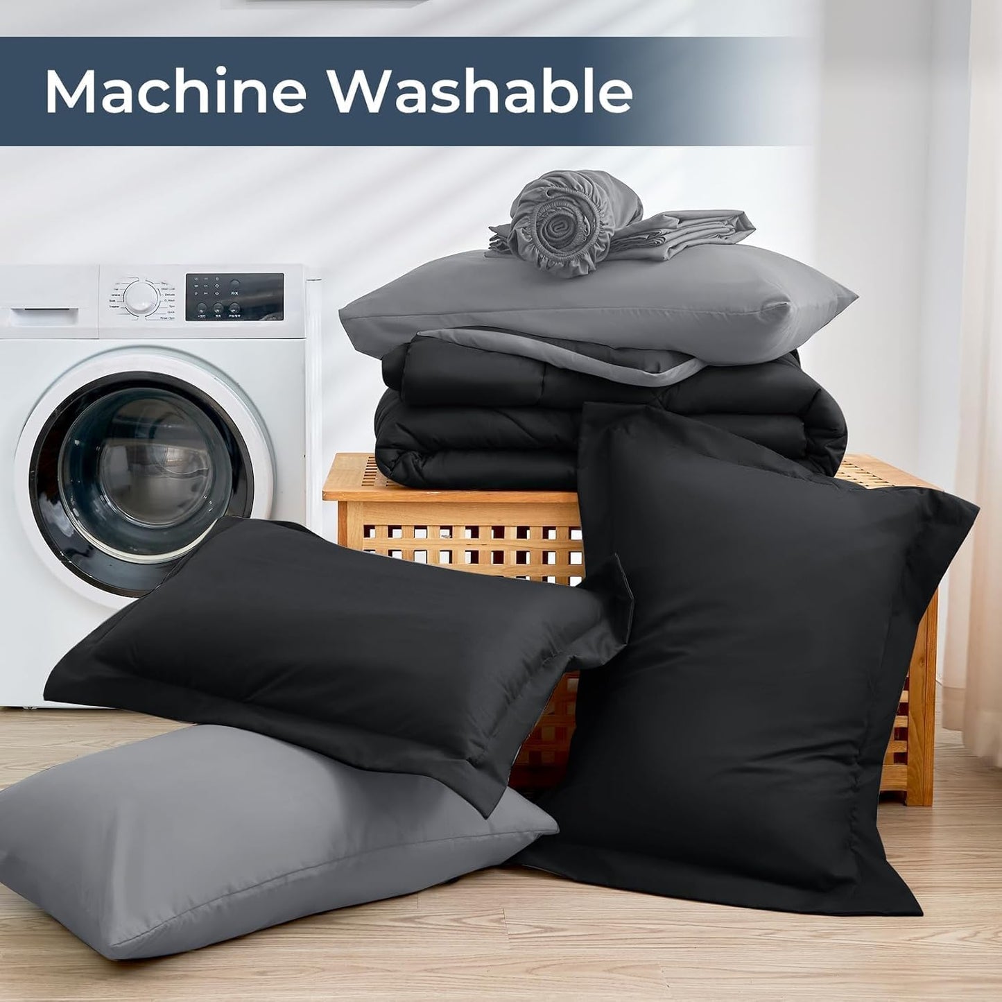 HEVUMYI King Comforter Set - 7-Piece All Season Bed in a Bag King, Ultra Soft Bedding Set with Comforter, Flat Sheet, Fitted Sheet, Pillowcases, Pillow Shams, Black & Light Grey