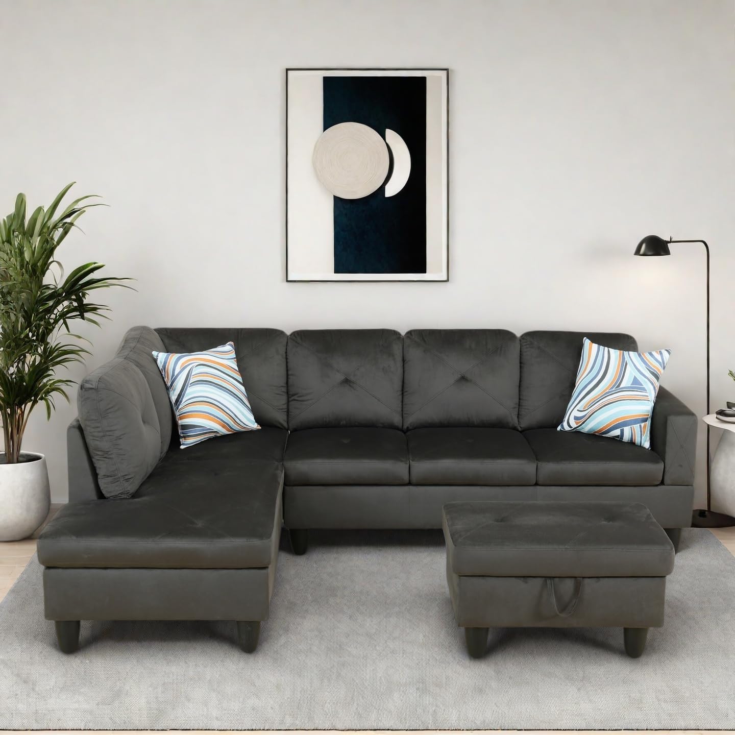 L-Shaped Sectional Sofa with Ottoman, Right-Facing Modern Microfiber Couch for Living Room, Bedroom, Office, Espresso