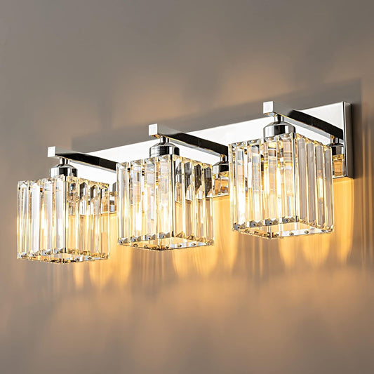 Modern Bathroom Vanity Light 3-Lights Chrome Crystal Bathroom Wall Light Vanity Light Fixtures，20.47-inch Modern Minimalist Design