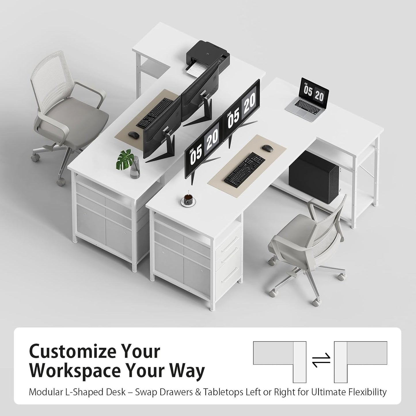 55" Computer Desk with Drawers, Desks for Bedrooms, Writing Desk with Storage, Work Desk for Small Space, White