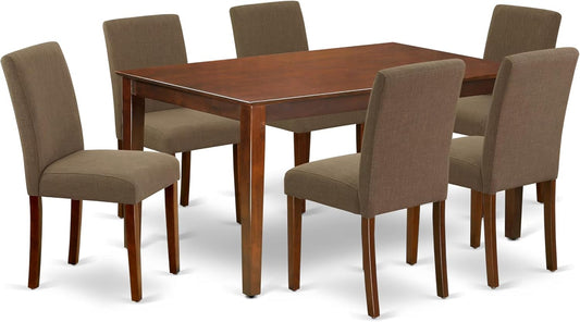East West Furniture CAAB7-MAH-18 7 Piece Modern Dining Table Set Consist of a Rectangle Wooden Table and 6 Coffee Linen Fabric Upholstered Chairs, 36x60 Inch, Mahogany