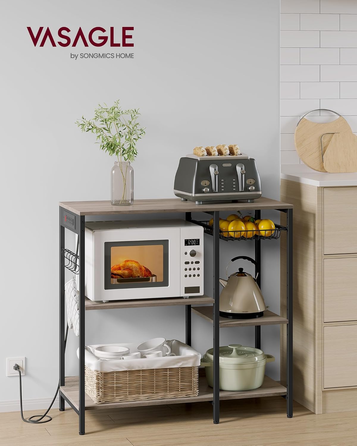 VASAGLE Baker's Rack, Coffee Bar Stand with Charging Station, Storage Shelves, Pull-Out Wire Basket, Table for Microwave, Kitchen, Greige UKKS036K02, 15.7 x 35.4 x 35.6 Inches