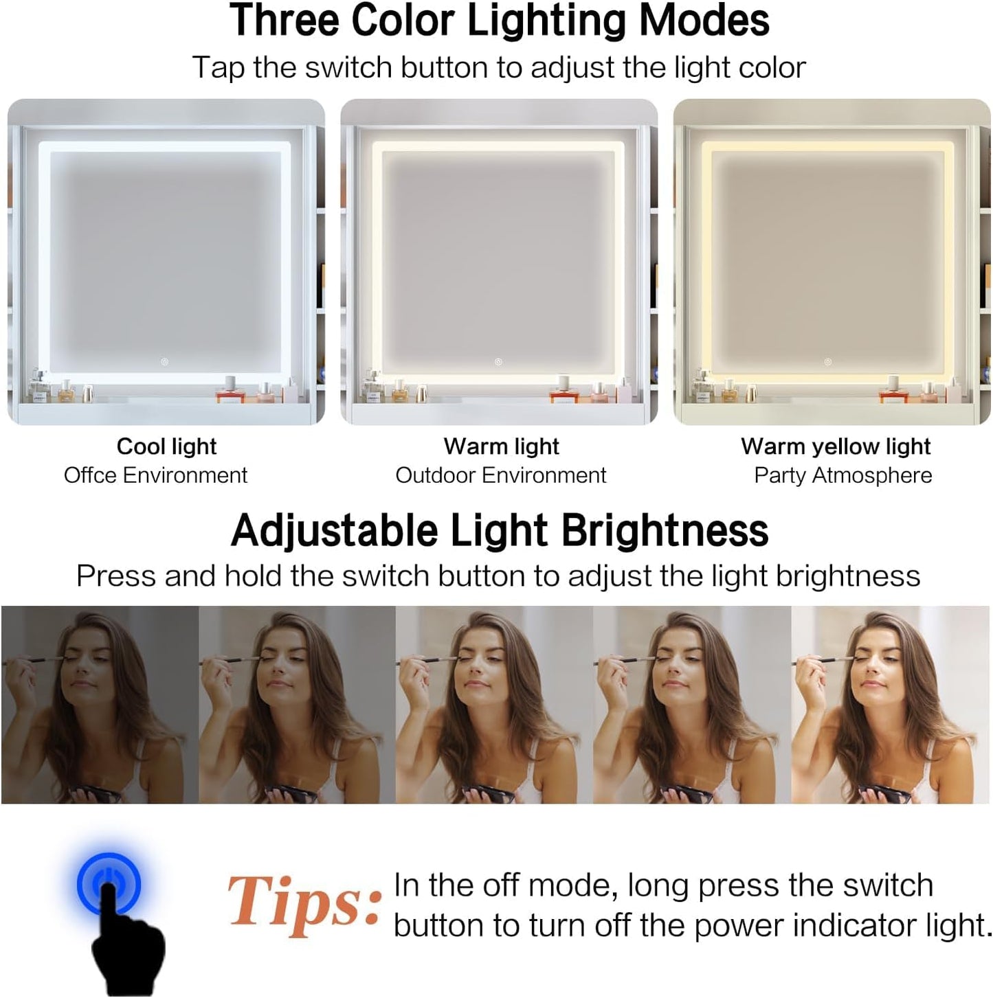 42" Makeup Vanity Desk with Mirror and Lights, & Power Outl, Glass Top Big Vanity Table with 9 Drawers& 8 Storage Shelves, Dressing Table Set with Chair for Bedroom, White