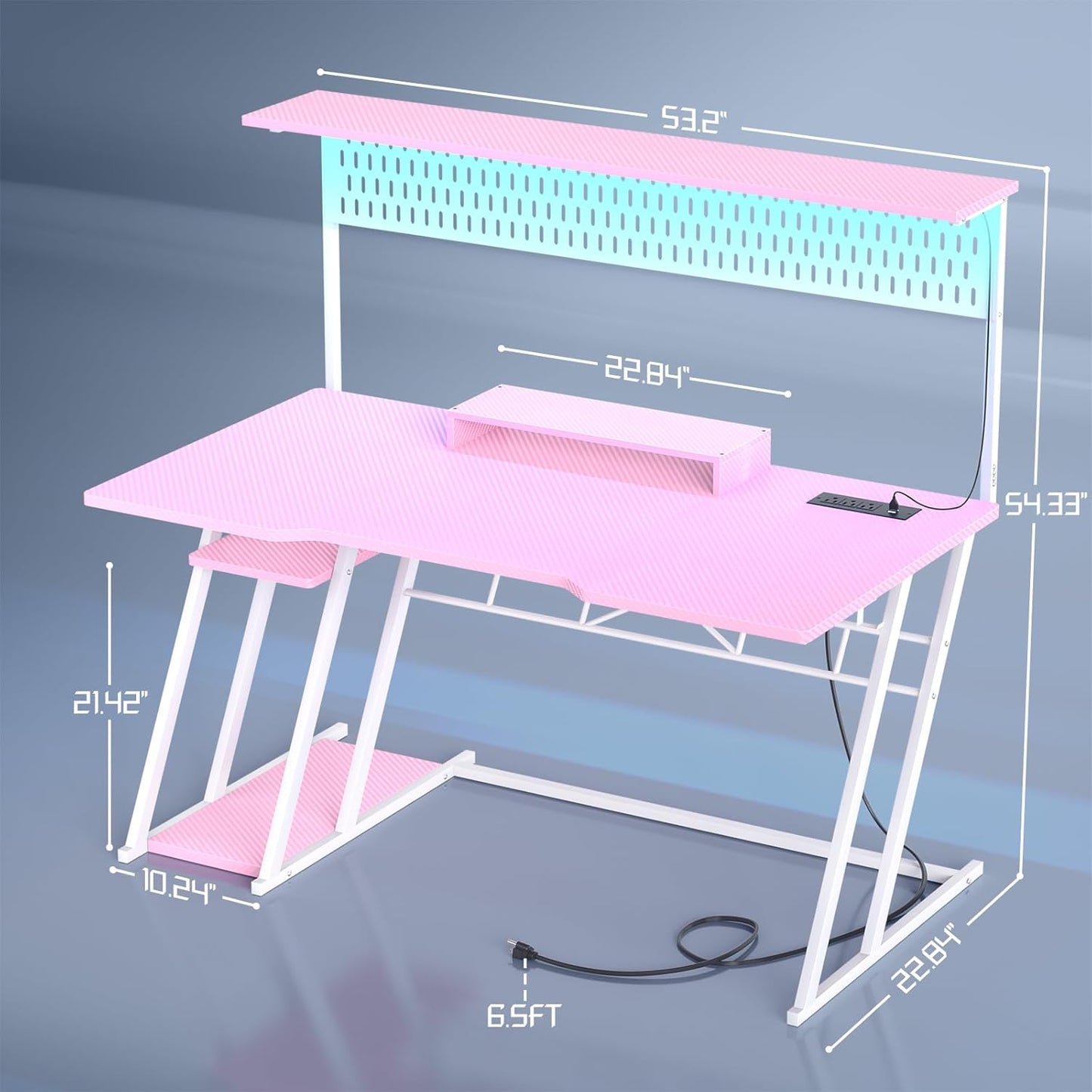 Armocity Pink Gaming Desk with Hutch and LED Lights, 53" Computer Desk with Storage Shelves, Reversible PC Gaming Desk with Pegboard, Gamer Desks for Bedroom, Carbon Fiber Surface