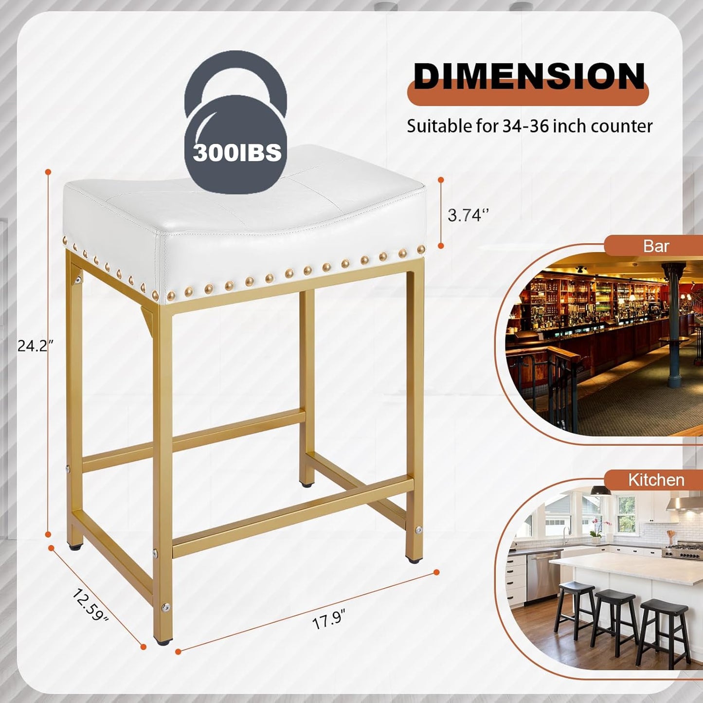 Bar Stools Set of 2, Gold White Counter Height Stools with Cushion Counter Stools and Barstools Steel Frame, 24" Modern Gold Bar Stools for Kitchen Counter Island (Off White+Gold)