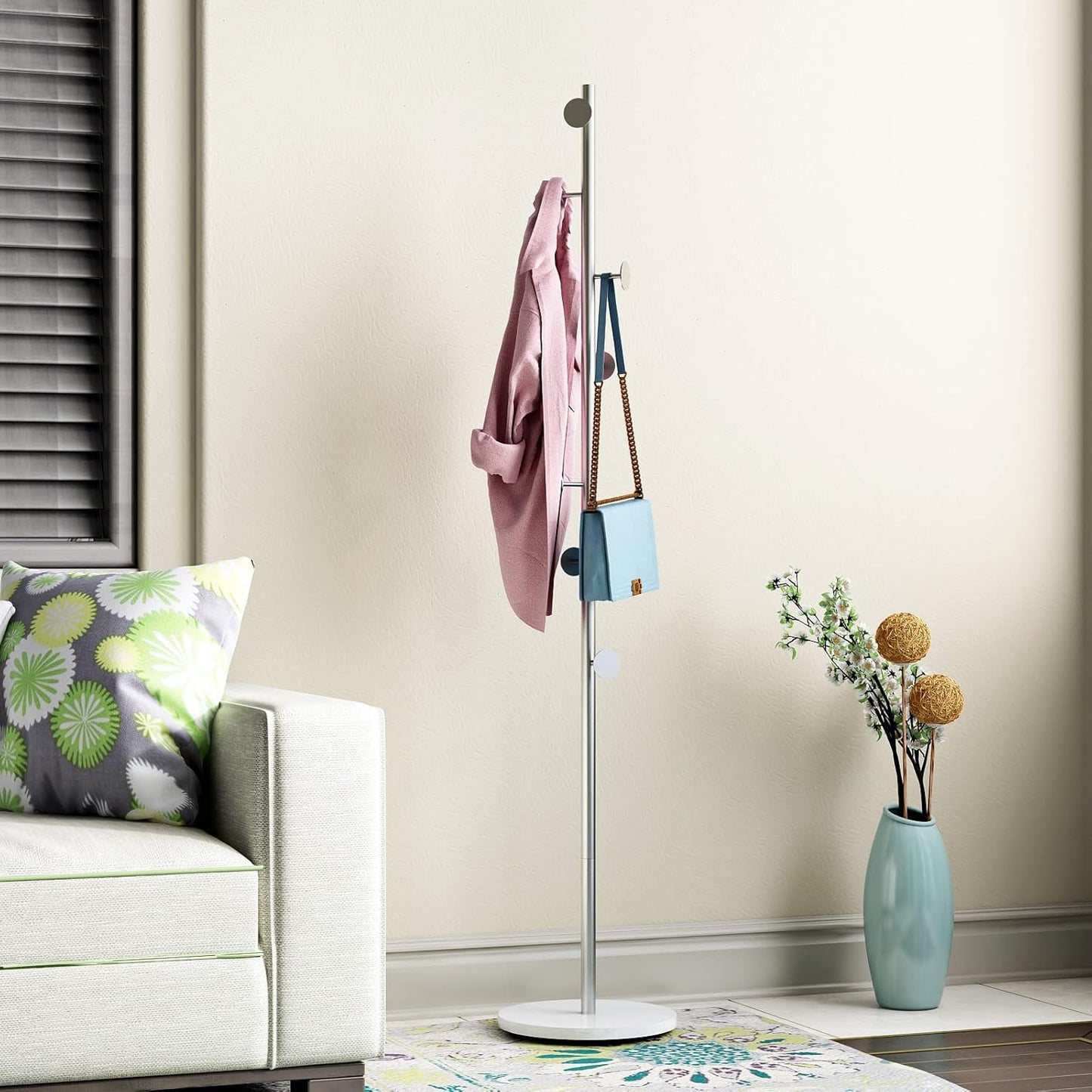 Silver Coat Racks, Metal Coat Rack Freestanding with Hooks, Entryway Coat Rack Stand, Coat Racks with Marble Base, Coat Tree for Hanging Clothes, Hats, Bags