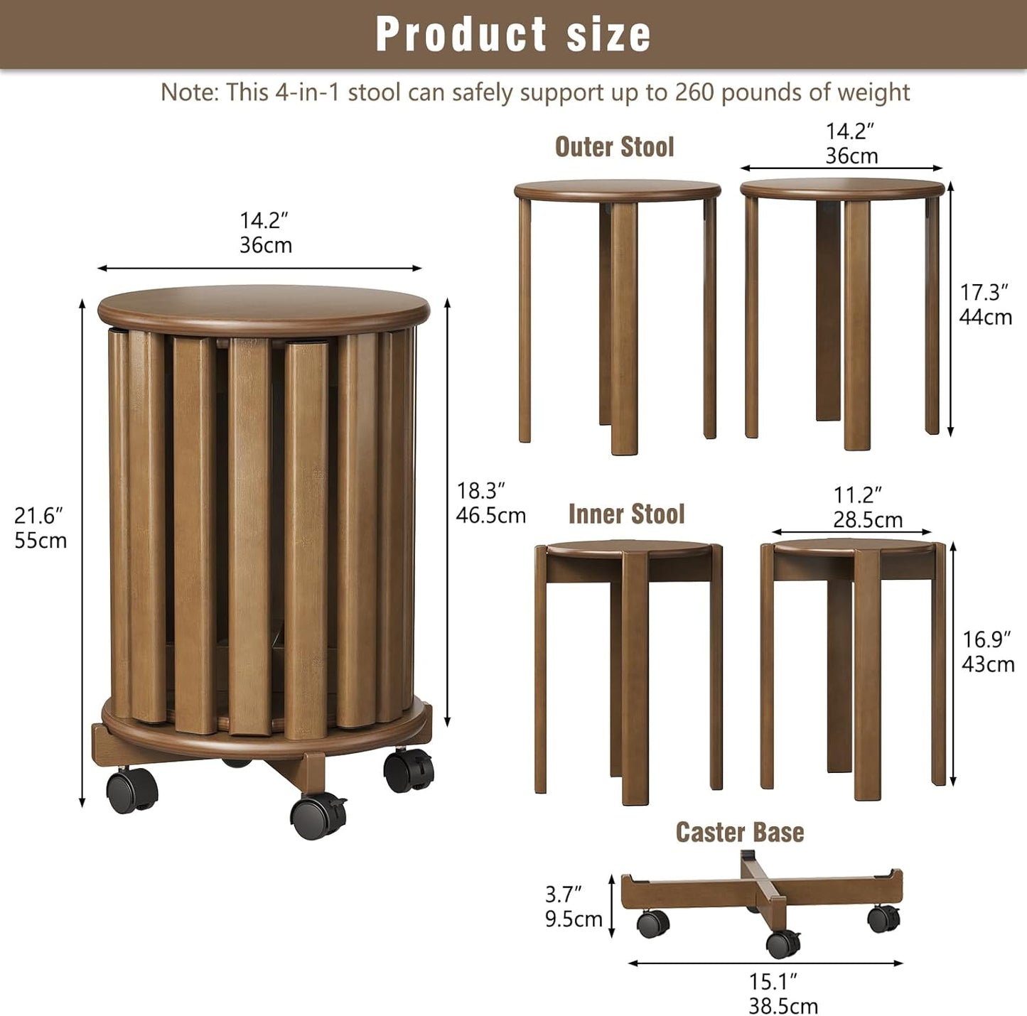 Stackable Stools Set of 4, 4‑in‑1 Bamboo Nesting Stools & End Tables with Wheels, 18″ Round Portable Barstools No‑Assembly Stool for Kitchen Living Room Bar Dorm, Walnut