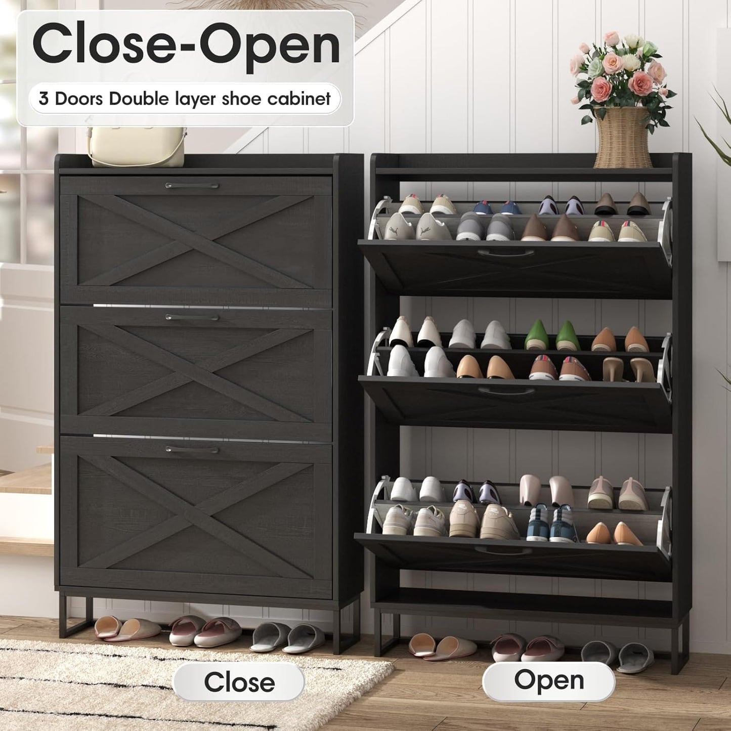 Maupvit Shoe Storage Cabinet with 3 Flip Drawers, Freestanding Organizer with Metal Legs for Entryway, Narrow Shoe Rack Cabinet, Black