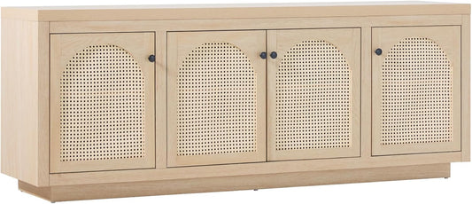 Walker Edison Sasha 4-Door Sideboard Buffet with Arched Rattan Panels, 70 Inch, Coastal Oak