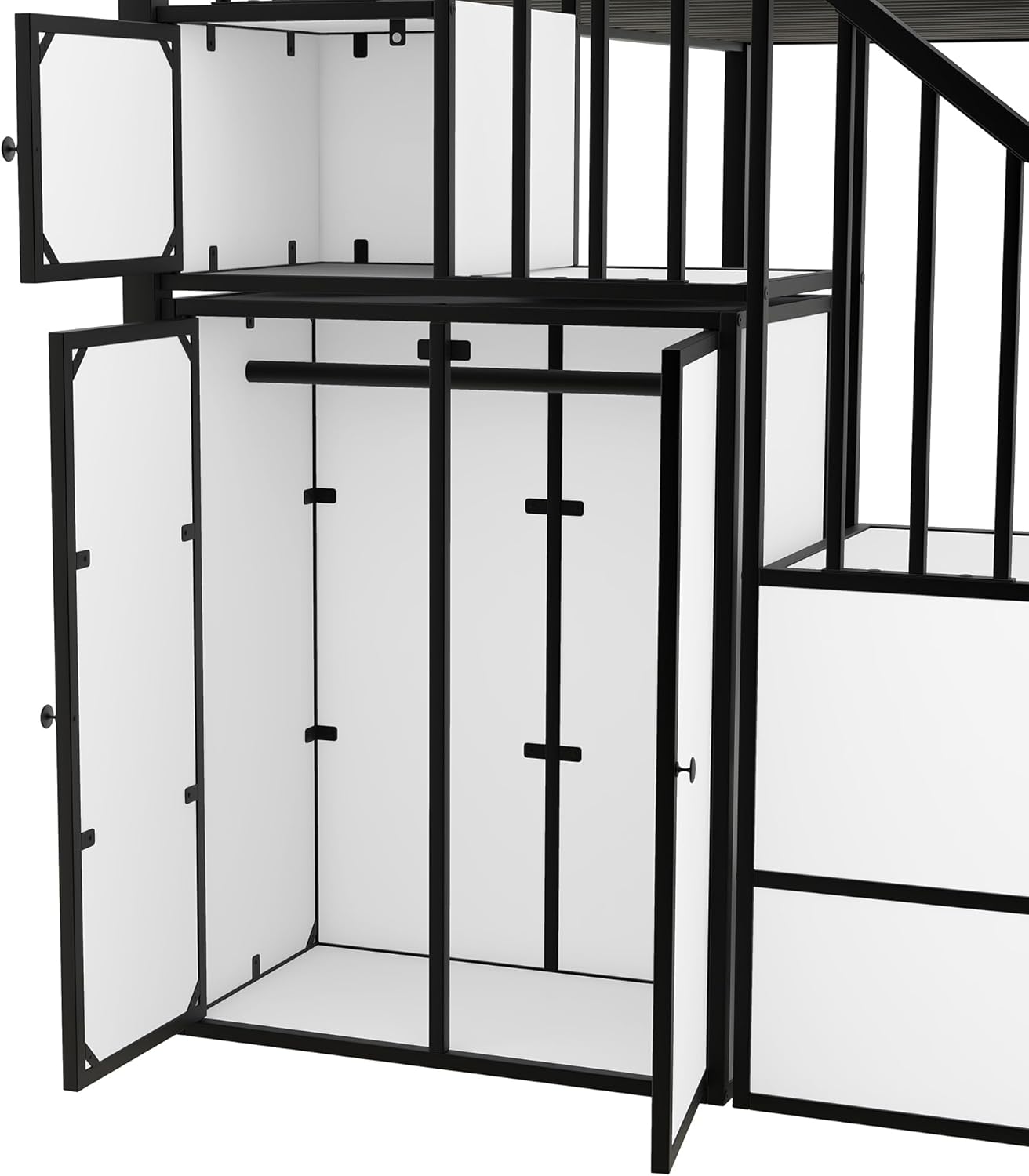 Twin Over Twin Castle-Shaped Bunk Bed with Wardrobe,Open Storage cabinets,a Storage Staircase and guardrails,Metal Stairway BunkBed for Kids Boys/Girls/Teens,Black+White