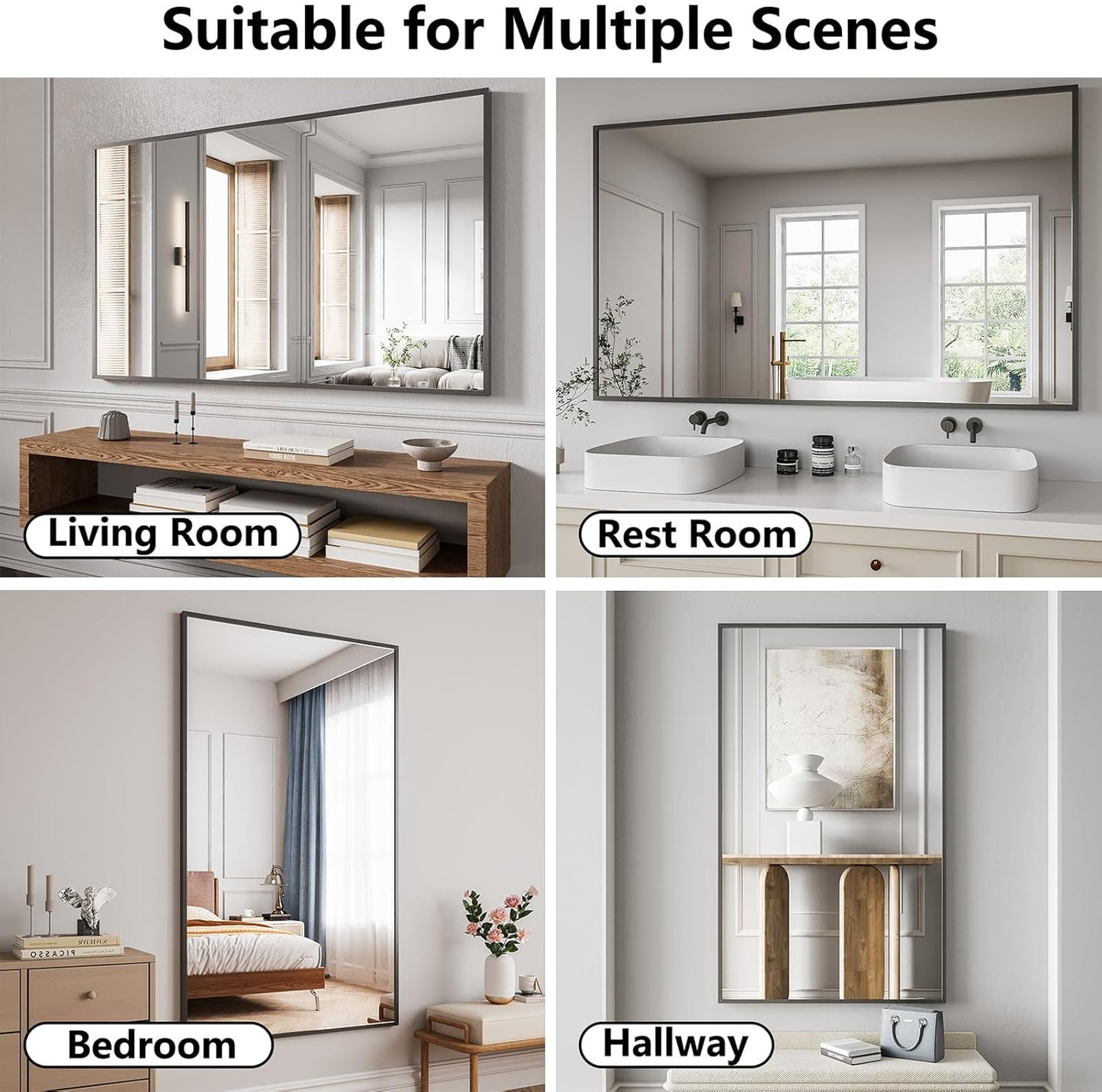 Bathroom Mirror 36x60 Black Bathroom Wall-Mounted Mirrors, Modern Vanity Mirror for Bedroom, Living Room, Aluminum Alloy Frame Allow to Hang Horizontally or Vertically