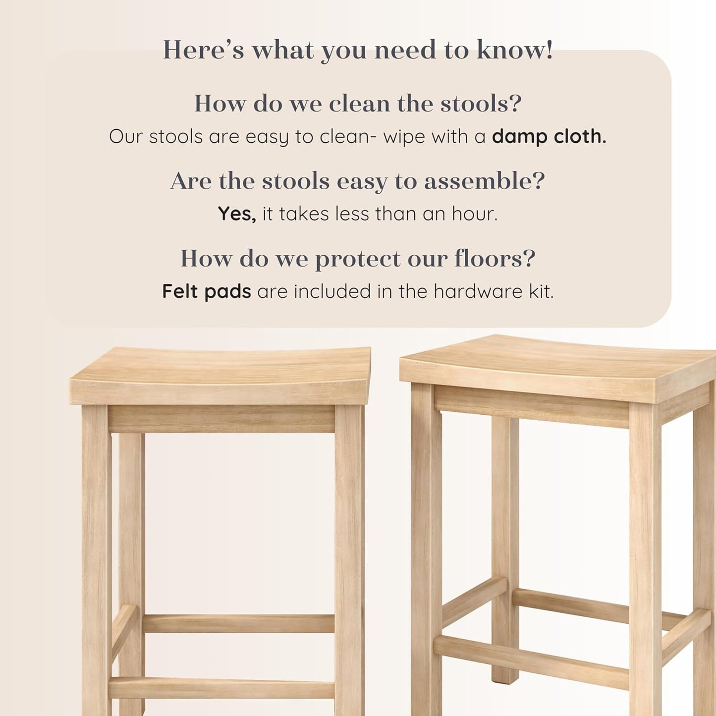 Grain & Grove Smith Collection Set of 2 Solid Wood Counter Height Bar Stools, 24-Inch Saddle Seat Backless Stools, Ideal for Kitchen Island, Dining, or Home Bar Seating, Blonde