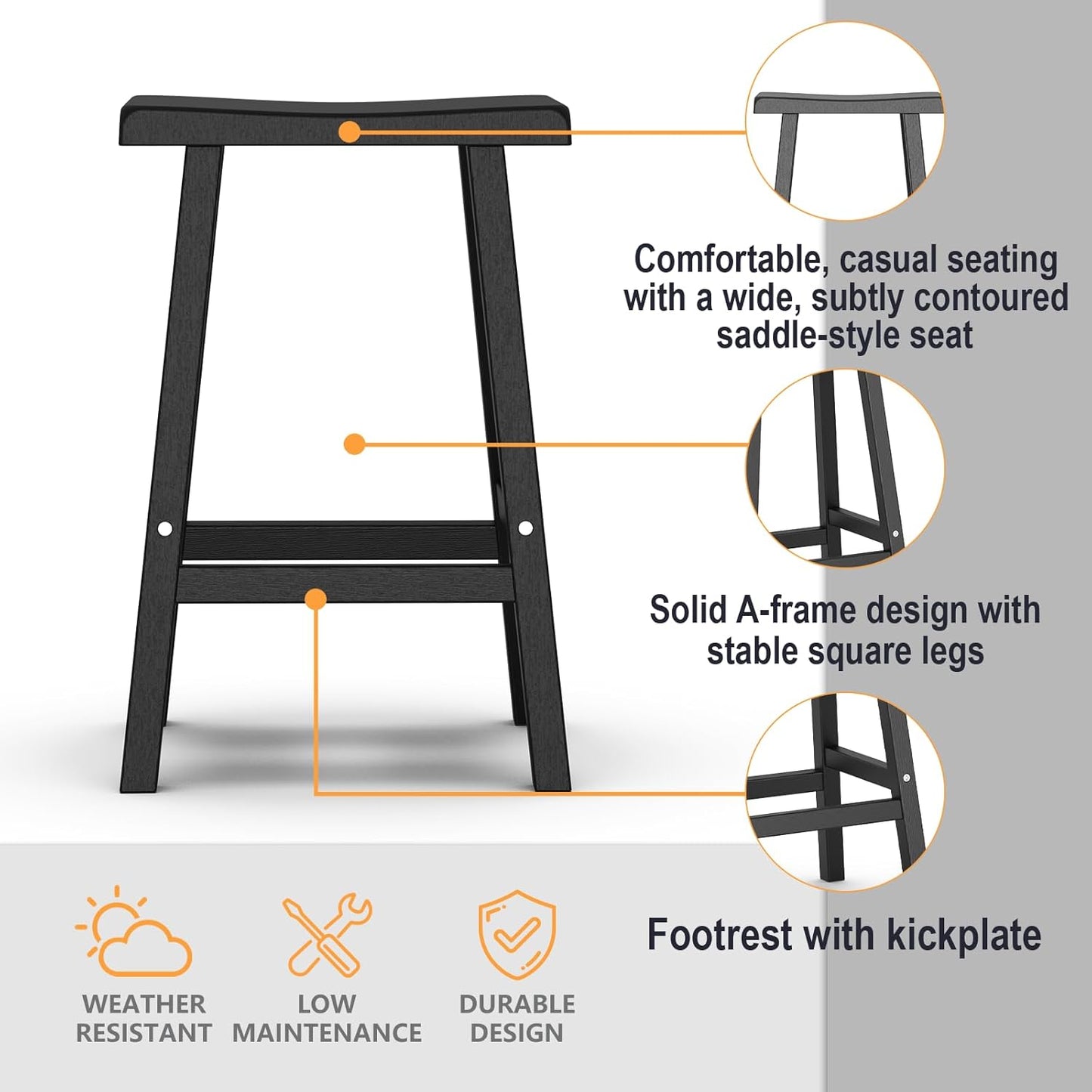 29in Tall Bar Stools Set of 2, Waterproof UV-Resistant,Durable Resin Kitchen Island Chairs for Indoor & Outdoor Use, Modern Design for Home,Bar,and Cafe