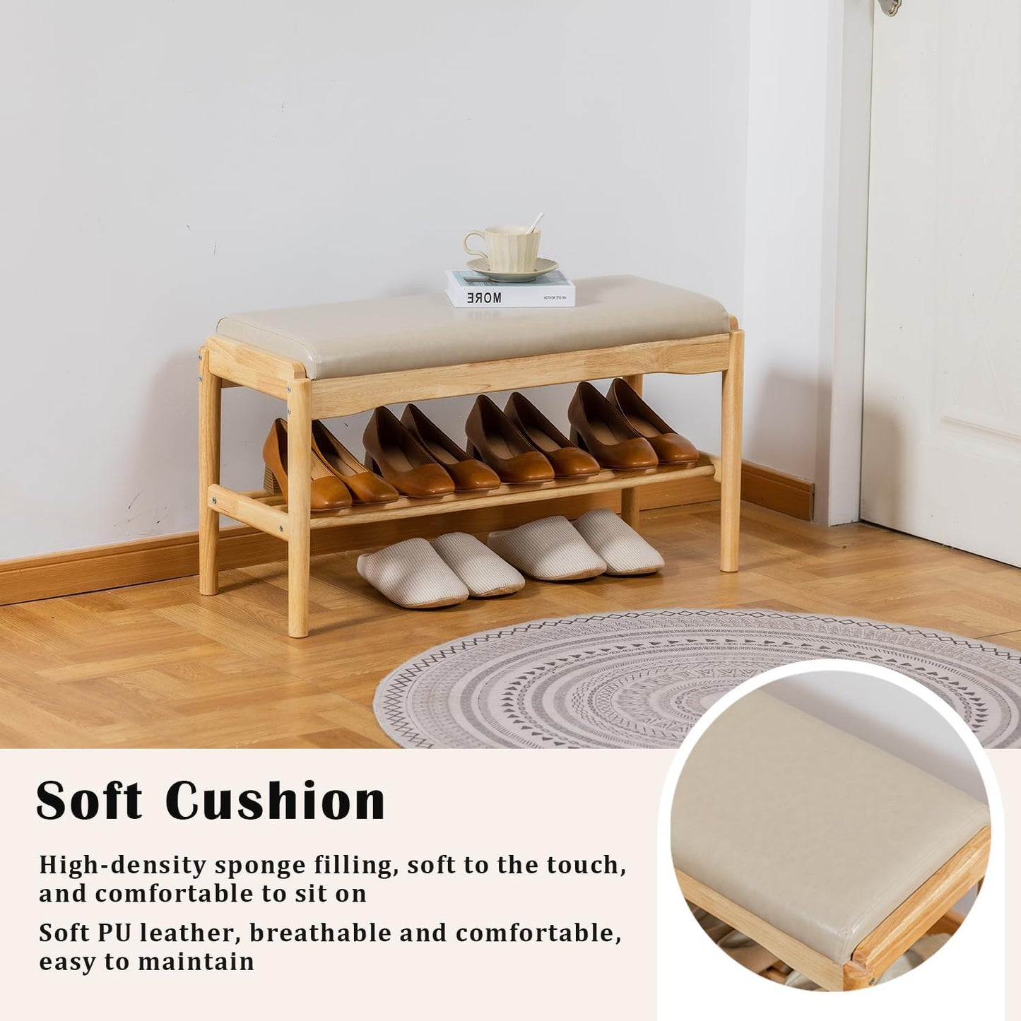 Shoe Bench, Entryway Bench, Wood 2-Tier Shoe Rack with Cushion Padded Seat Shoe Organizer (31.5",Beige+Nature)