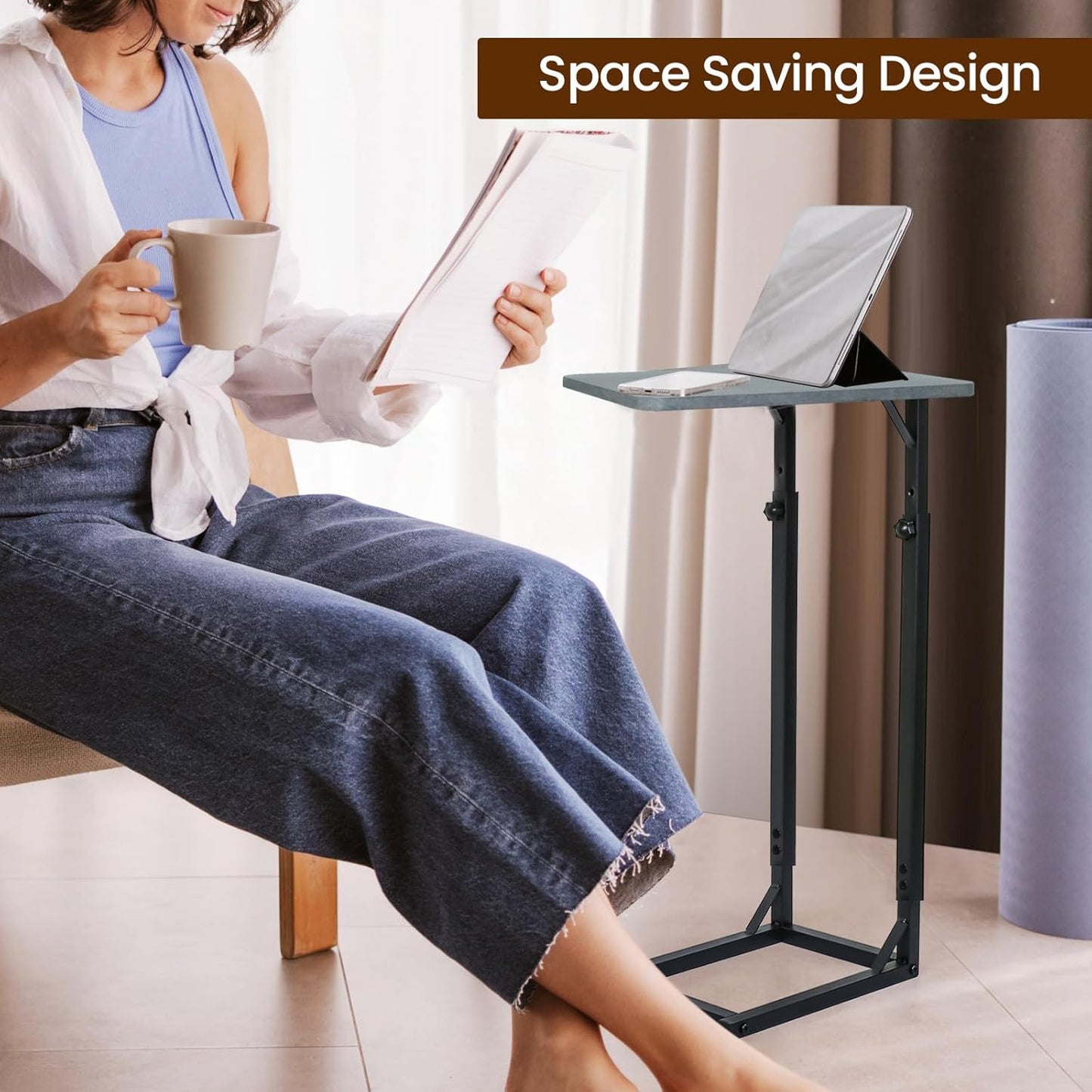 C-Shaped End Table for Couch, Adjustable Sofa Side Table with Sturdy Metal Frame, Small Space Rustic Gray TV Tray Table for Living Room, Bedroom, Bedside, Modern Functional Accent Furniture