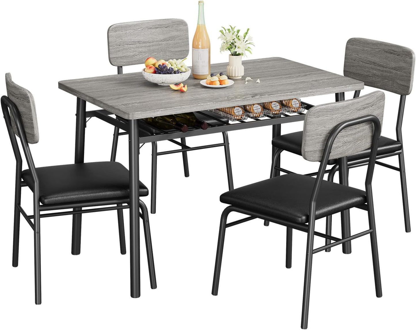 5-Piece Dining Table Set for 4, Wood Kitchen with Built-in Storage Rack, Small Kitchen Table with Upholstered Chairs and Metal Frame for Small Spaces, Gray
