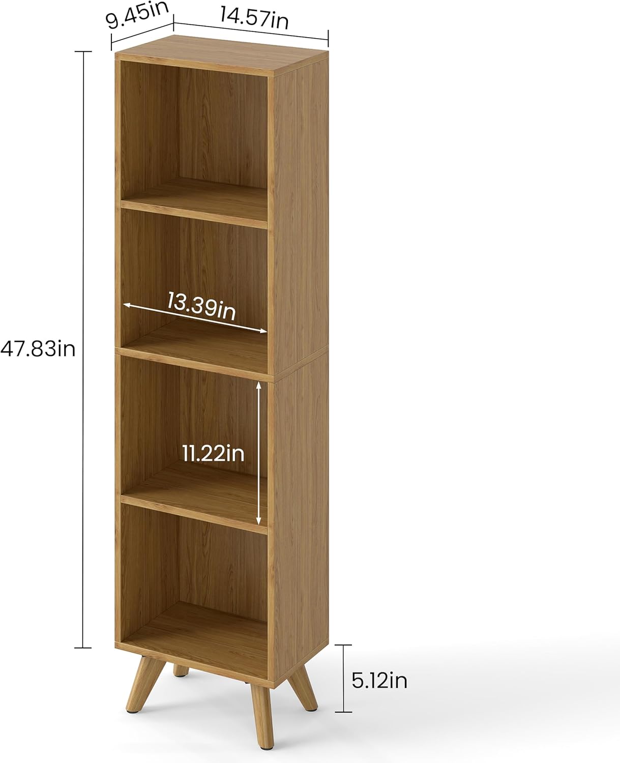Manora Small Bookcase with 4 Open Shelves, Modern Bookshelf with Wooden Legs, Narrow Storage Organizer for Living Room, Bedroom, Office, Oak