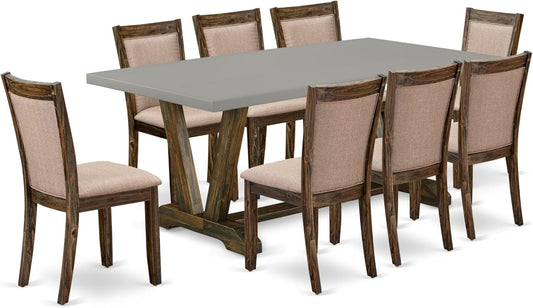 East West Furniture V797MZ716-9 9 Piece Dining Room Table Set Includes a Rectangle Kitchen Table with V-Legs and 8 Dark Khaki Linen Fabric Parson Dining Chairs, 40x72 Inch, Multi-Color