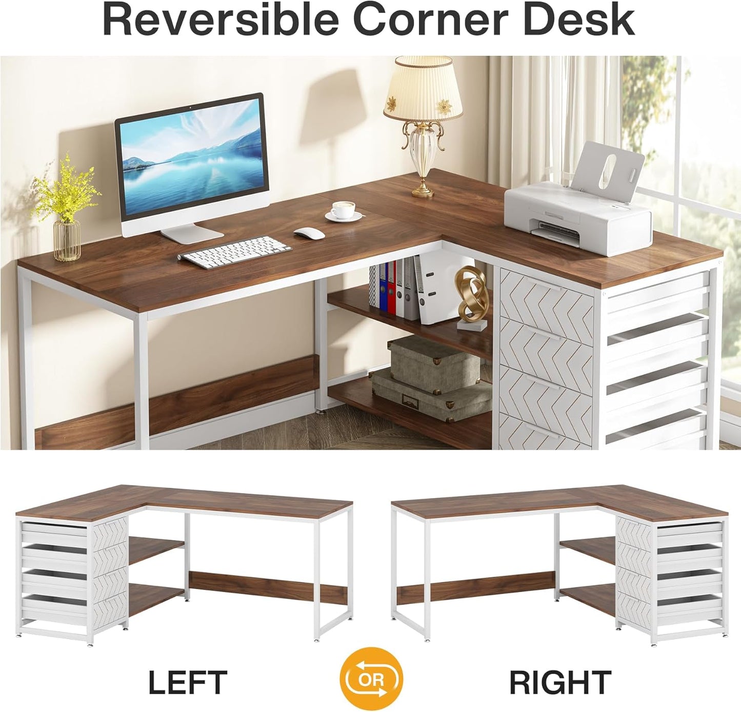 Tribesigns L Shaped Computer Desk with Storage Drawers, 59 inch Corner Desk with Shelves, Reversible L-Shaped Office Desk Study Writing Table Workstation for Home Office, Walnut & White