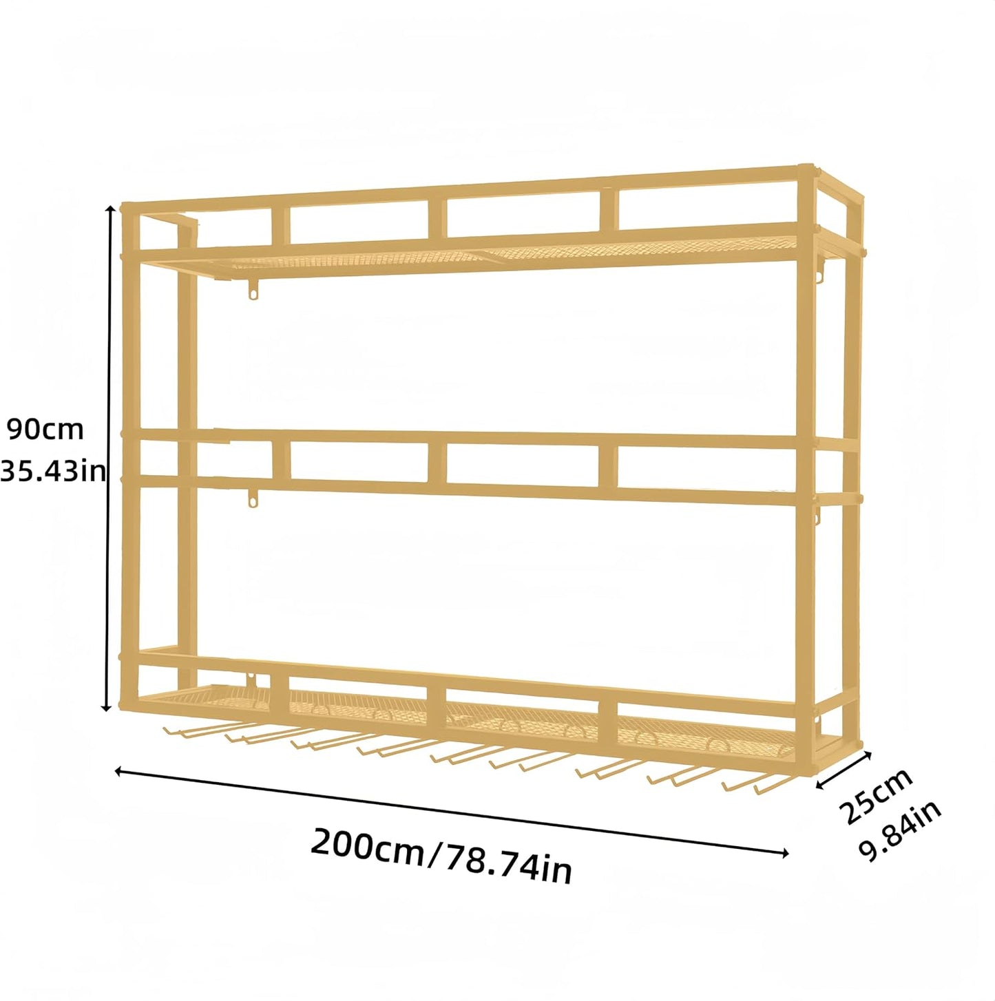 Metal Wine Rack Wall Mounted, Bar Shelves for Liquor Bottles with LED Light, 3 Tier Large Capacity Liquor Rack Wall Mounted with Glass Holder for Home Bar & Dining Room （Gold, 79in/200cm）