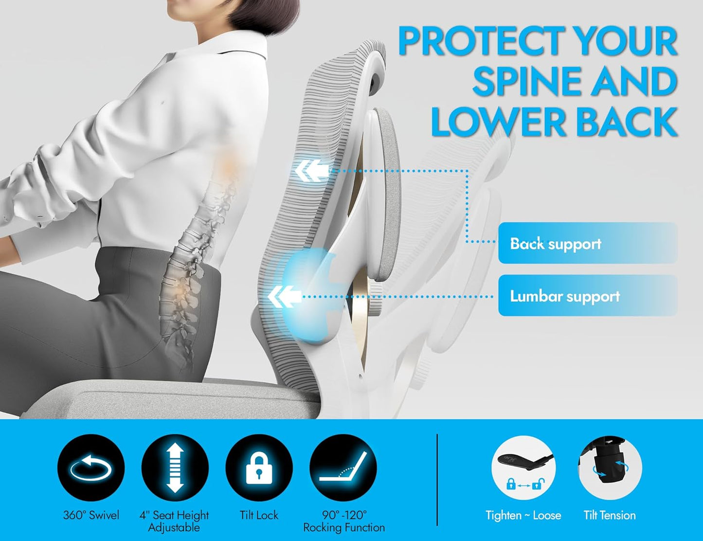 Ergonomic Office Chair with Lumbar Support - Adjustable Computer Desk Chairs for Home Office, Gaming, and Work - Comfortable and Supportive Desk Chairs for Adults(Grey Gold)