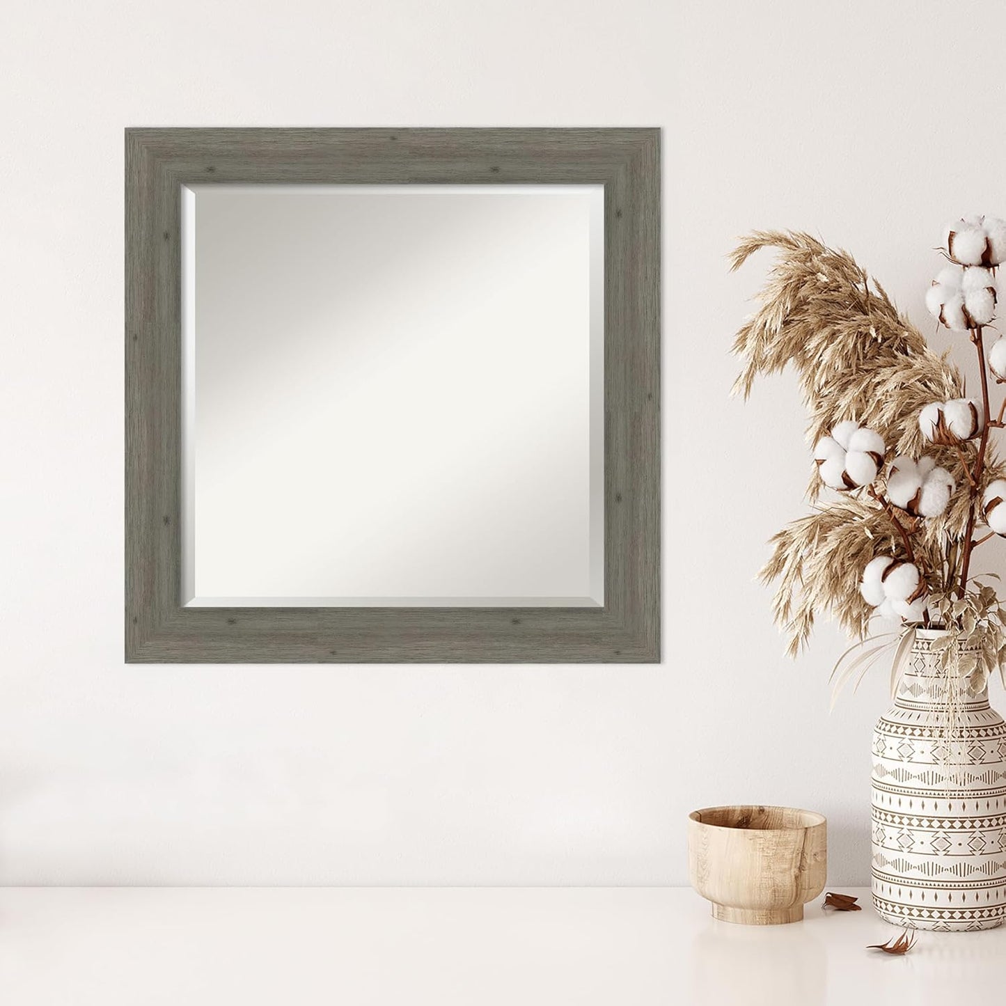 Amanti Art Grey Wall Mirror 25x25 Fencepost Grey Narrow Square Bathroom Mirror for Wall Decor Living Room, Medium Country Rustic Wood Frame, Hangs Horizonally and Vertically, Bathroom Decor, Beveled