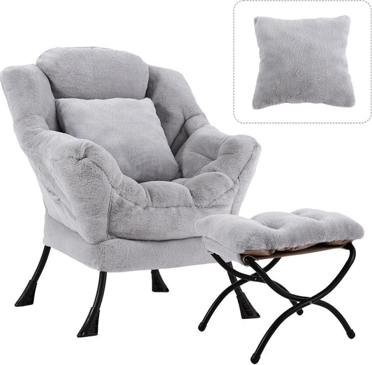 Lazy Chair with Ottoman, Modern Large Accent Lounge Chair with a Pillow, Leisure Sofa Armchair, Reading Chair with Footrest for Bedroom, Living Room,Plush White Gray